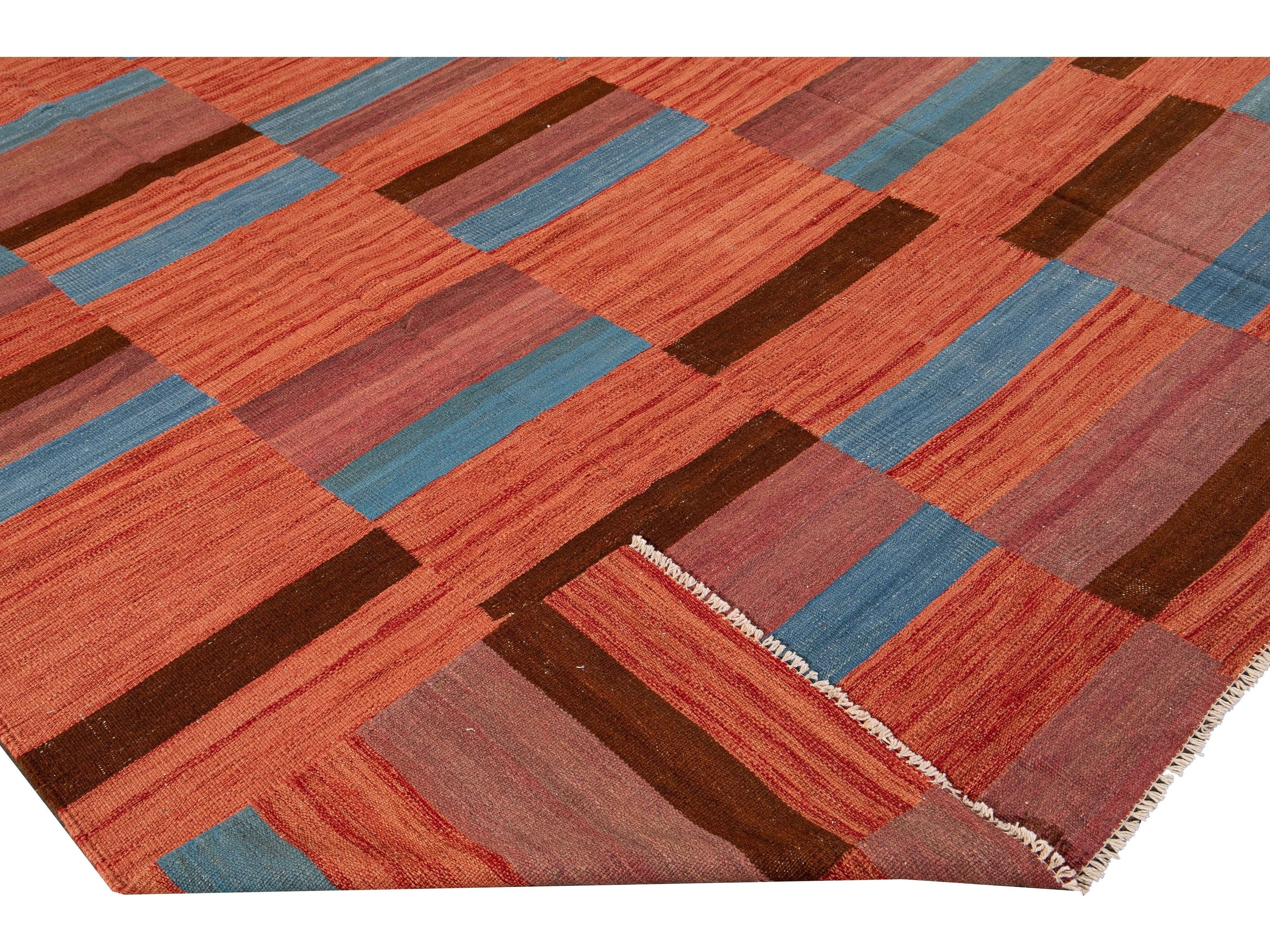 Modern Kilim Flatweave Orange Geometric Abstract Wool Rug