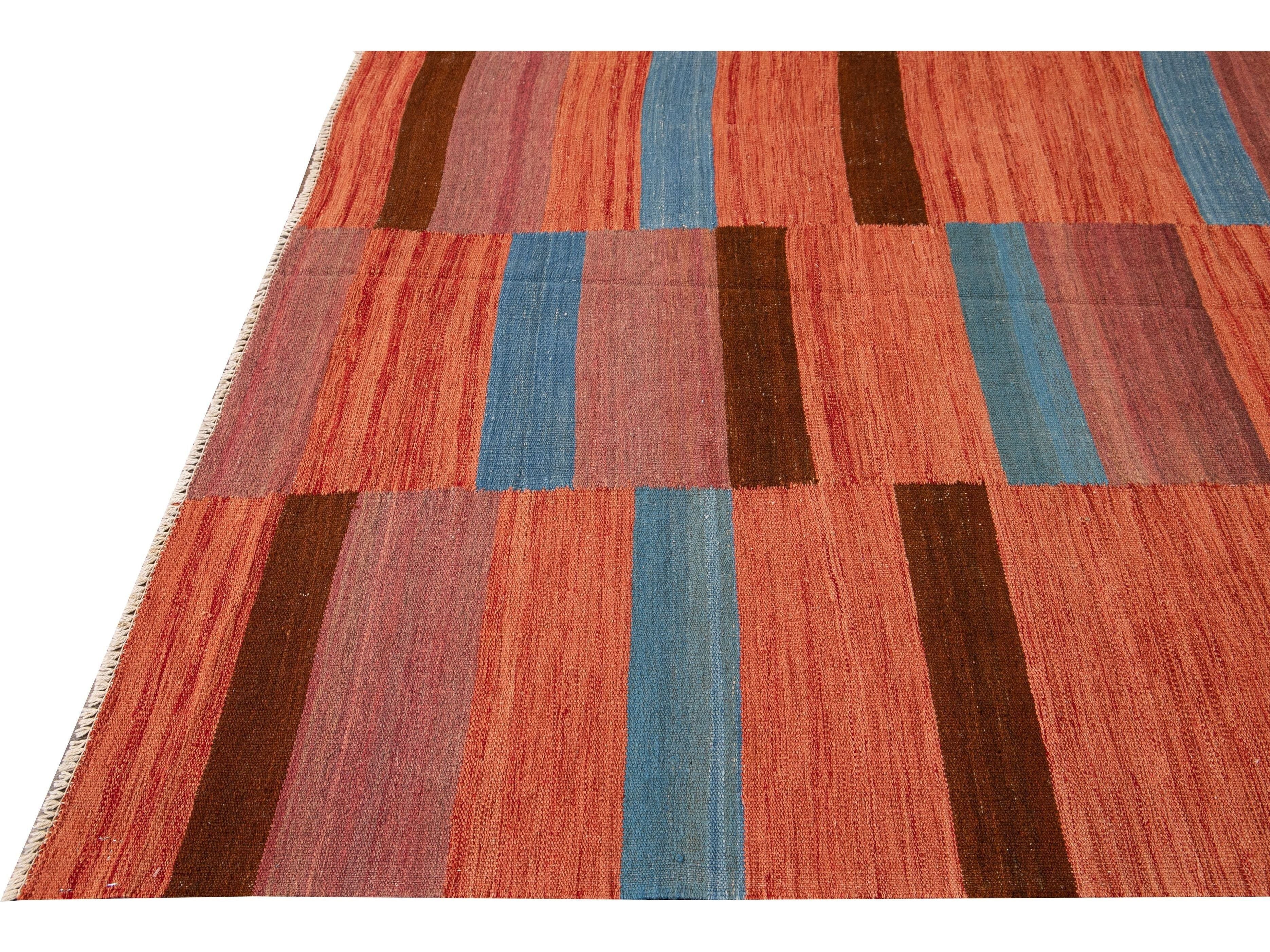 Modern Kilim Flatweave Orange Geometric Abstract Wool Rug