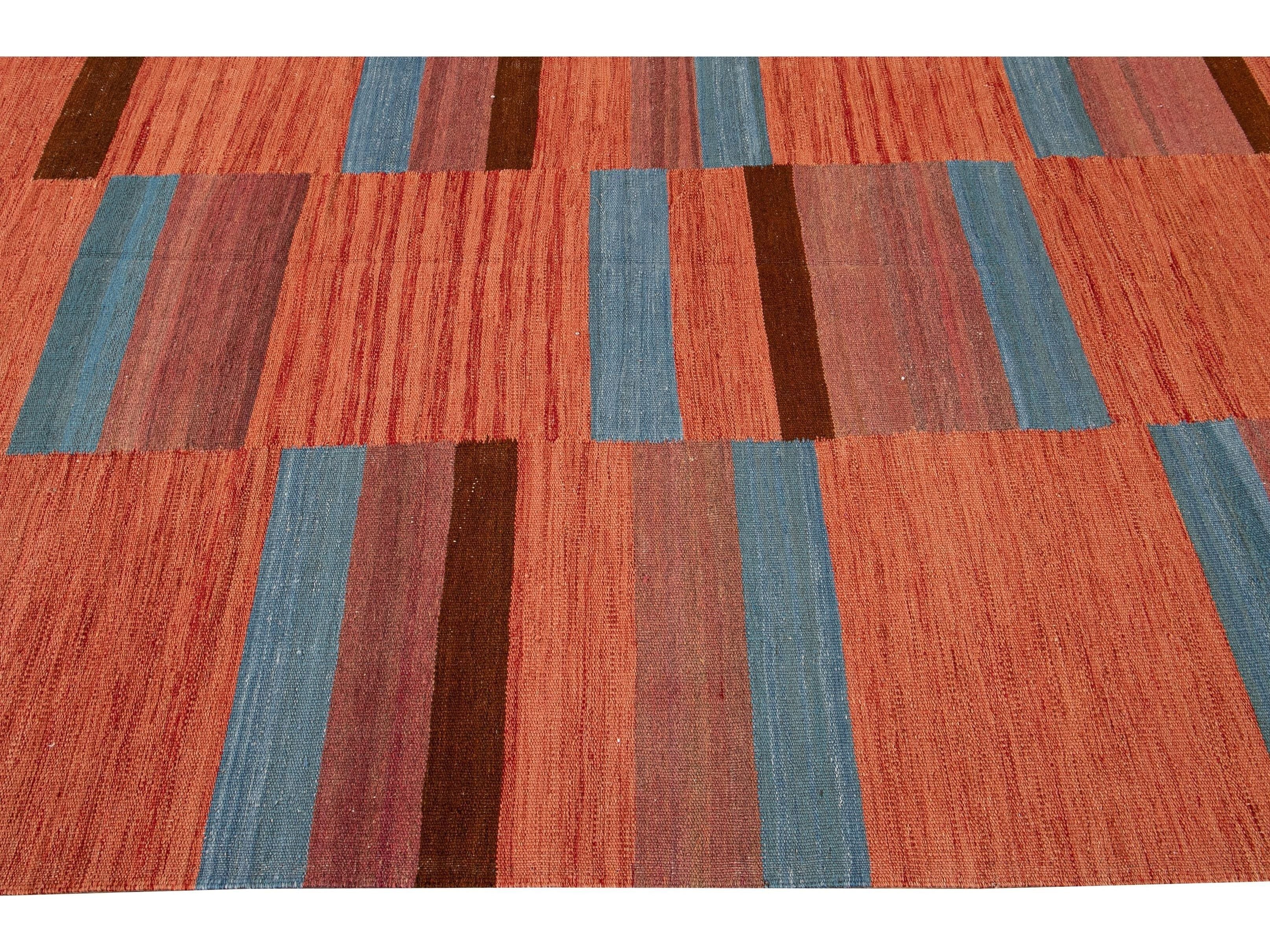 Modern Kilim Flatweave Orange Geometric Abstract Wool Rug