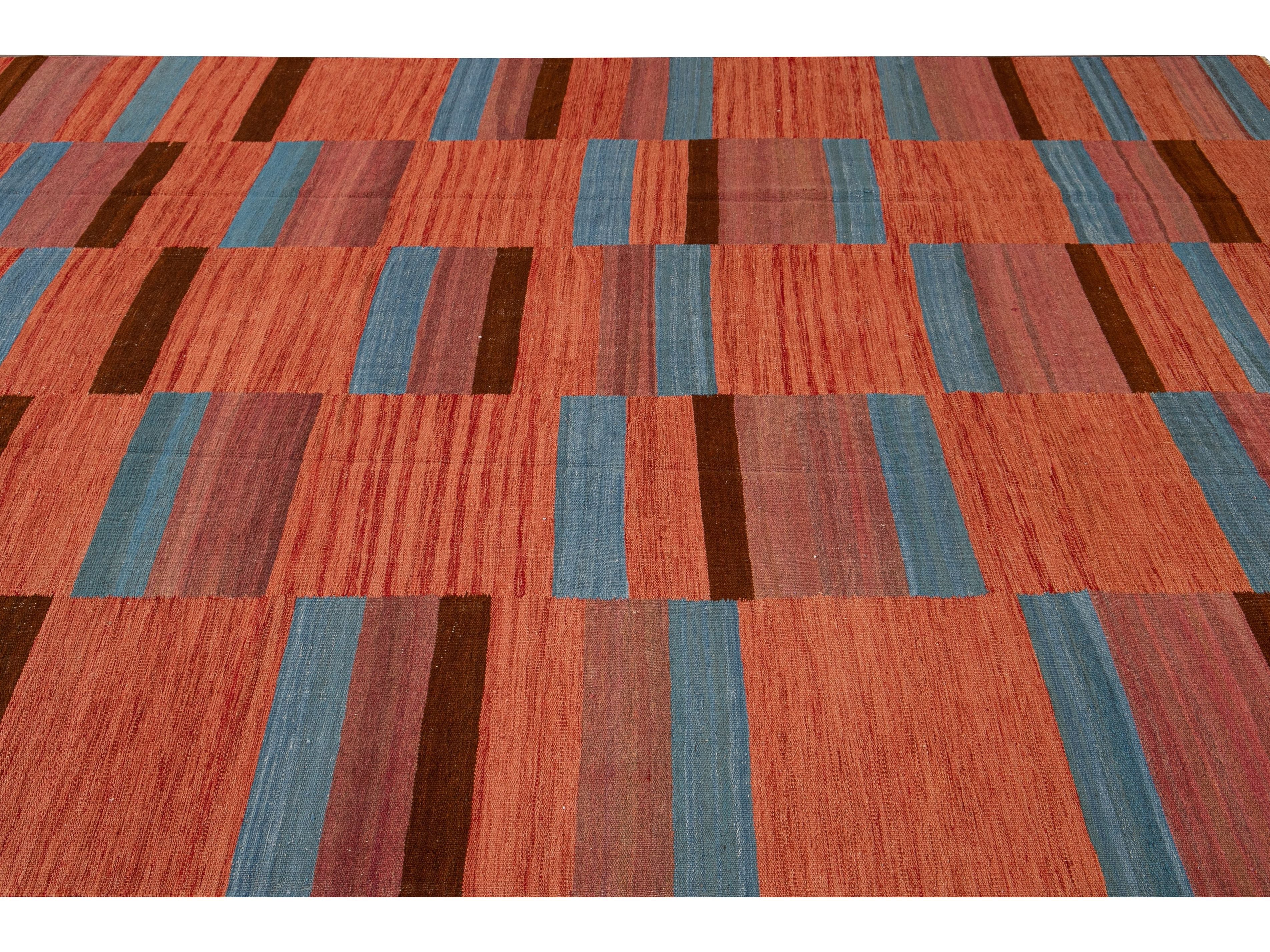 Modern Kilim Flatweave Orange Geometric Abstract Wool Rug