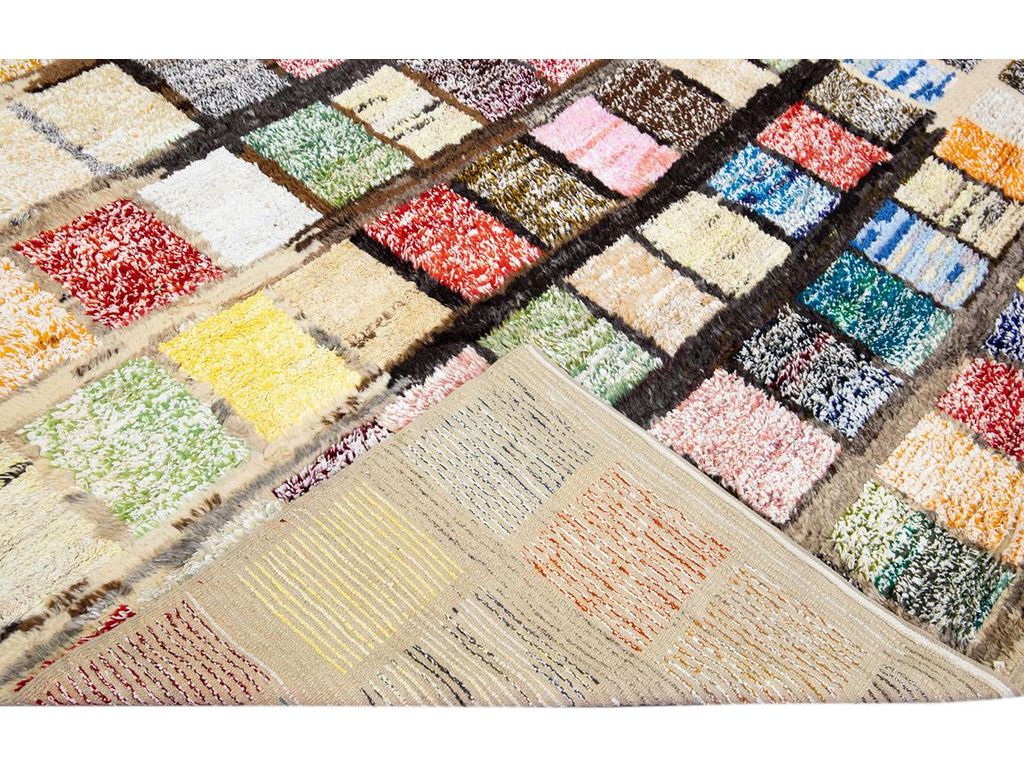 Modern Turkish Tulu Handmade Multicolor Square Pattern Beige Wool Rug