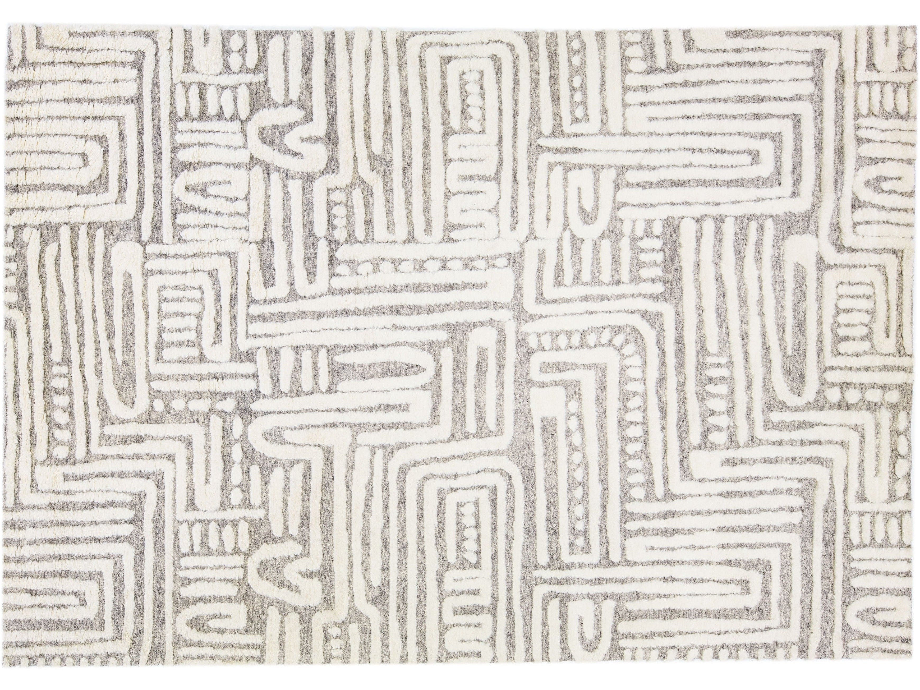 Ivory Modern Moroccan Style Handmade Abstract Designed Wool Rug by Apadana