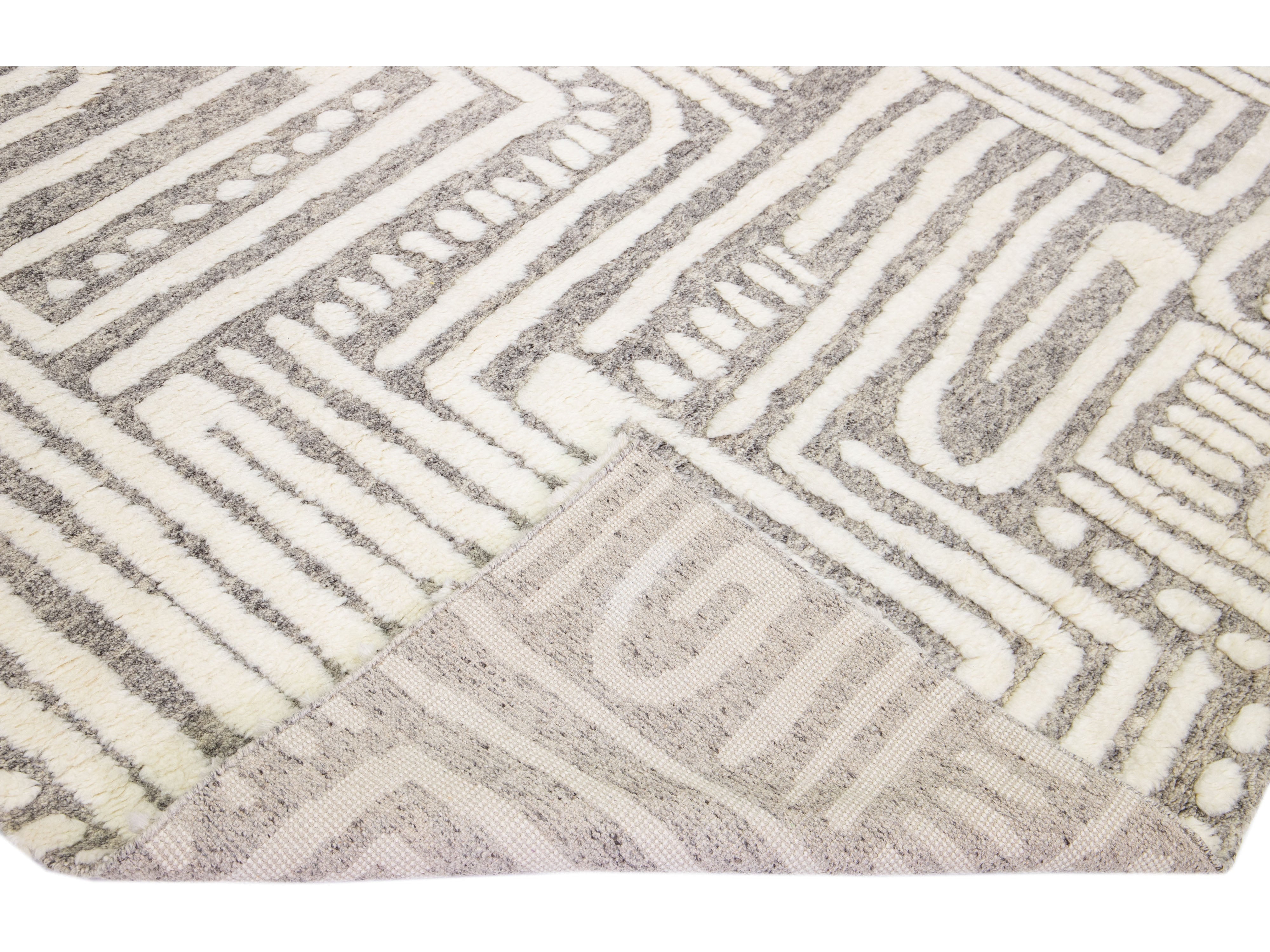 Ivory Modern Moroccan Style Handmade Abstract Designed Wool Rug by Apadana