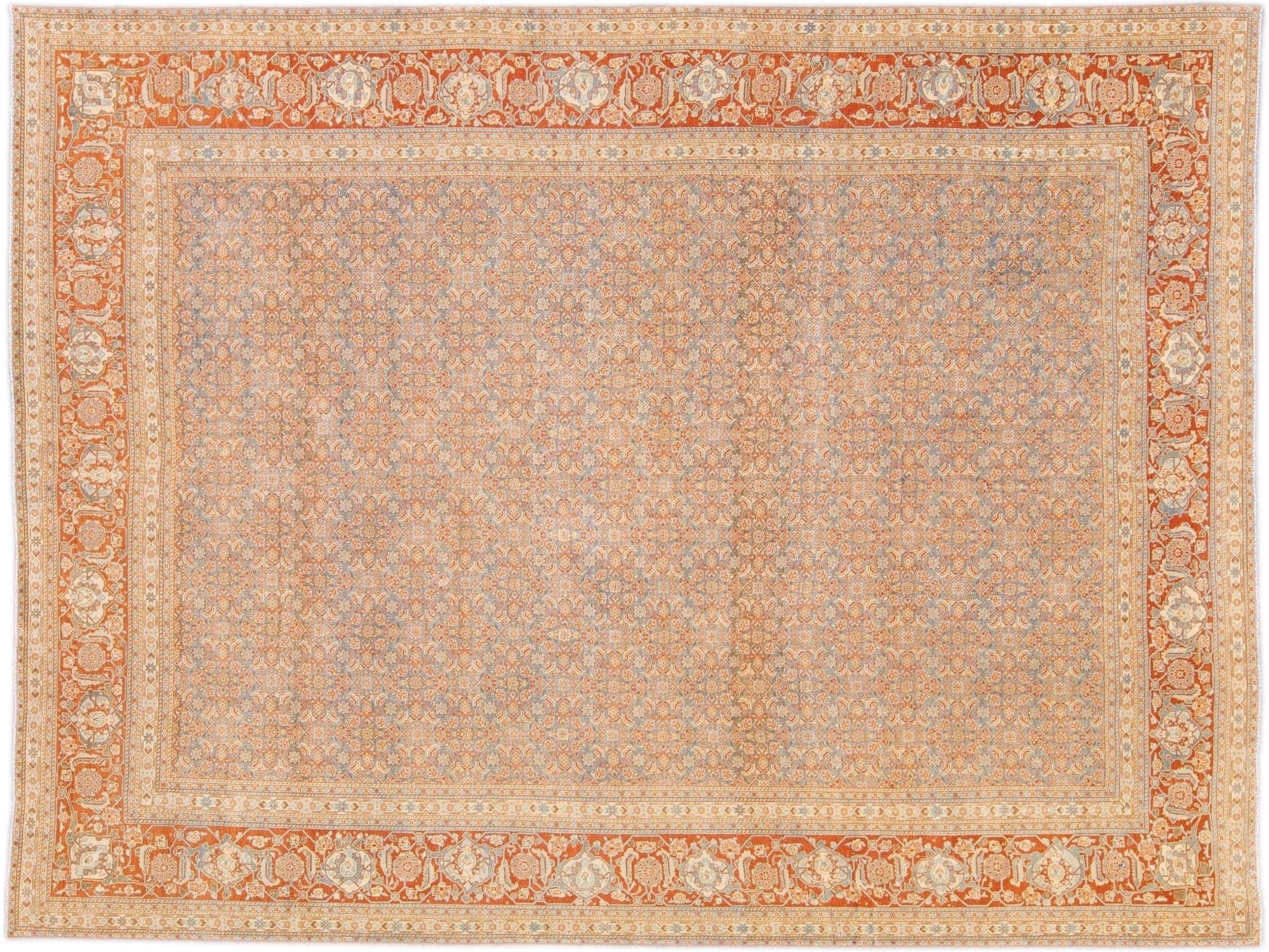 Antique Tabriz Handmade Allover Designed Blue And Rust Persian Wool Rug