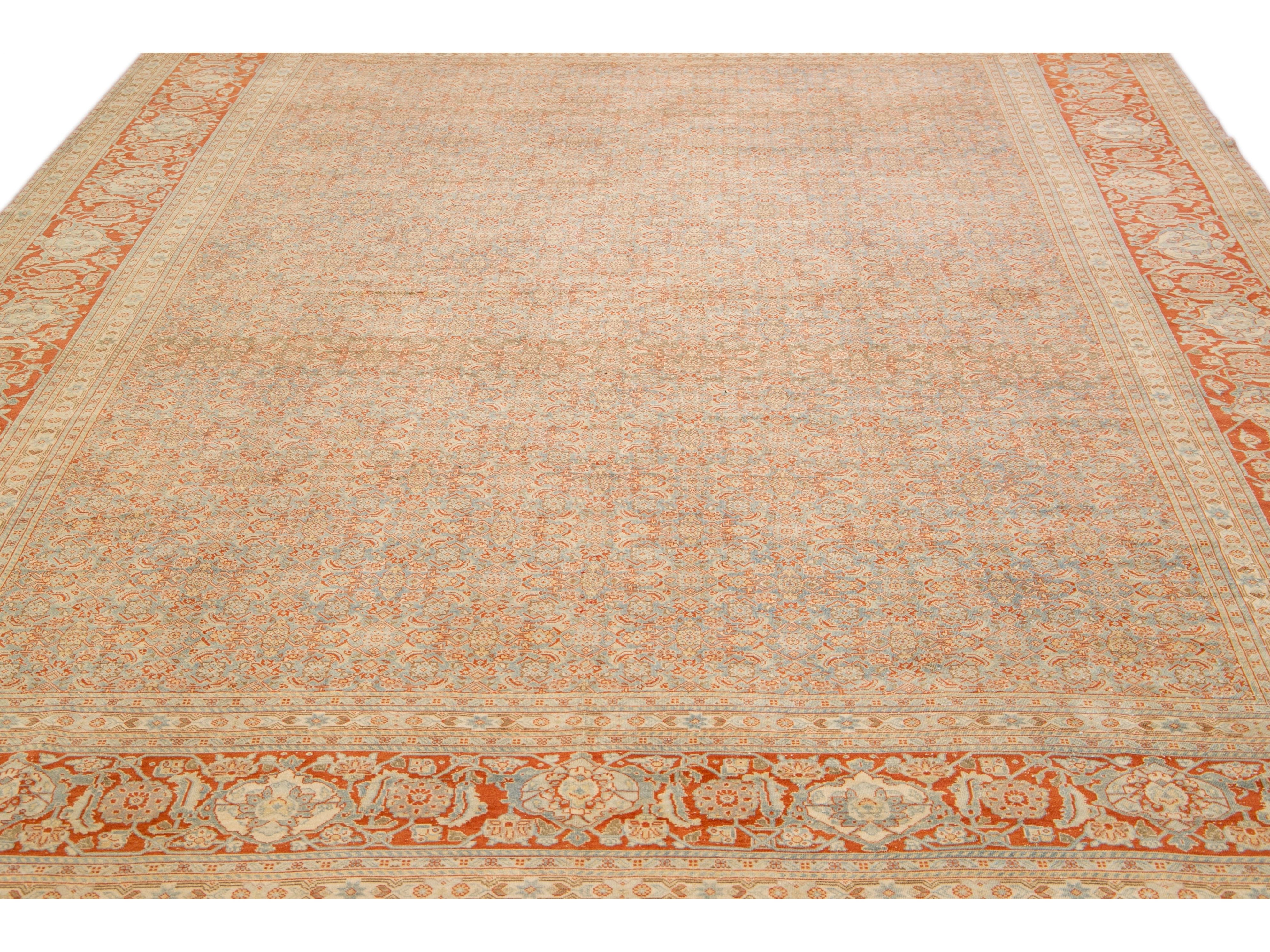 Antique Tabriz Handmade Allover Designed Blue And Rust Persian Wool Rug