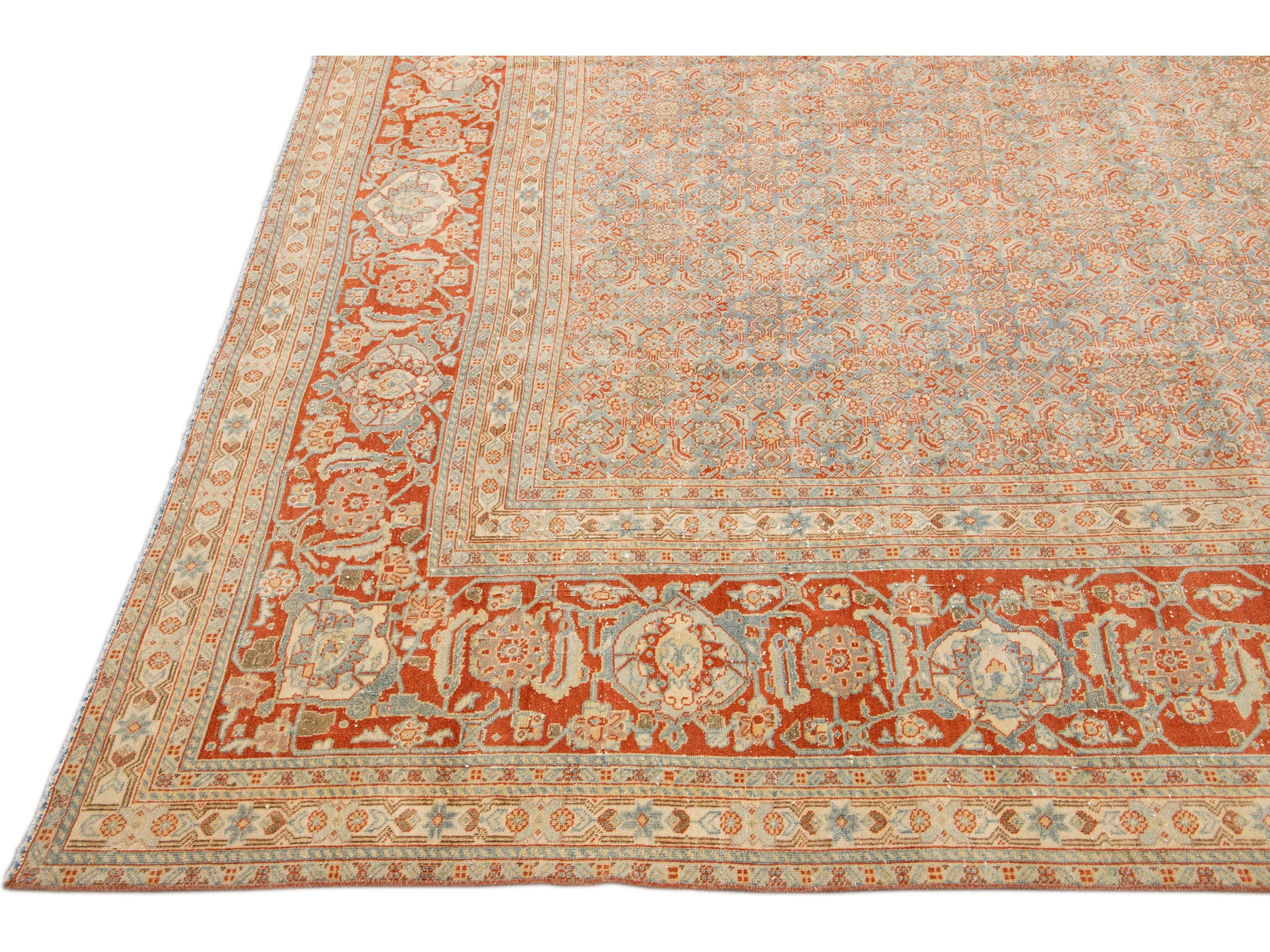 Antique Tabriz Handmade Allover Designed Blue And Rust Persian Wool Rug