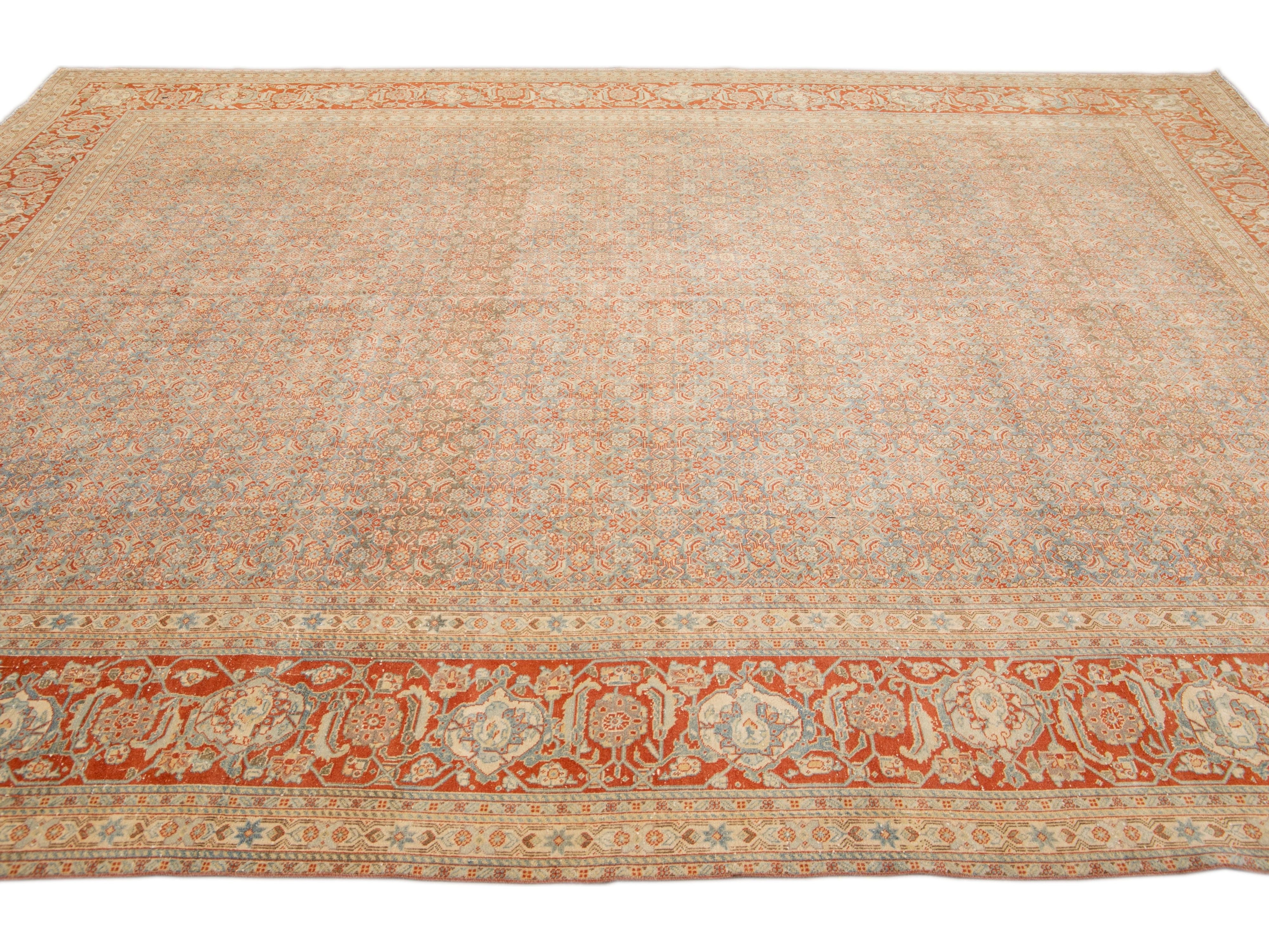 Antique Tabriz Handmade Allover Designed Blue And Rust Persian Wool Rug