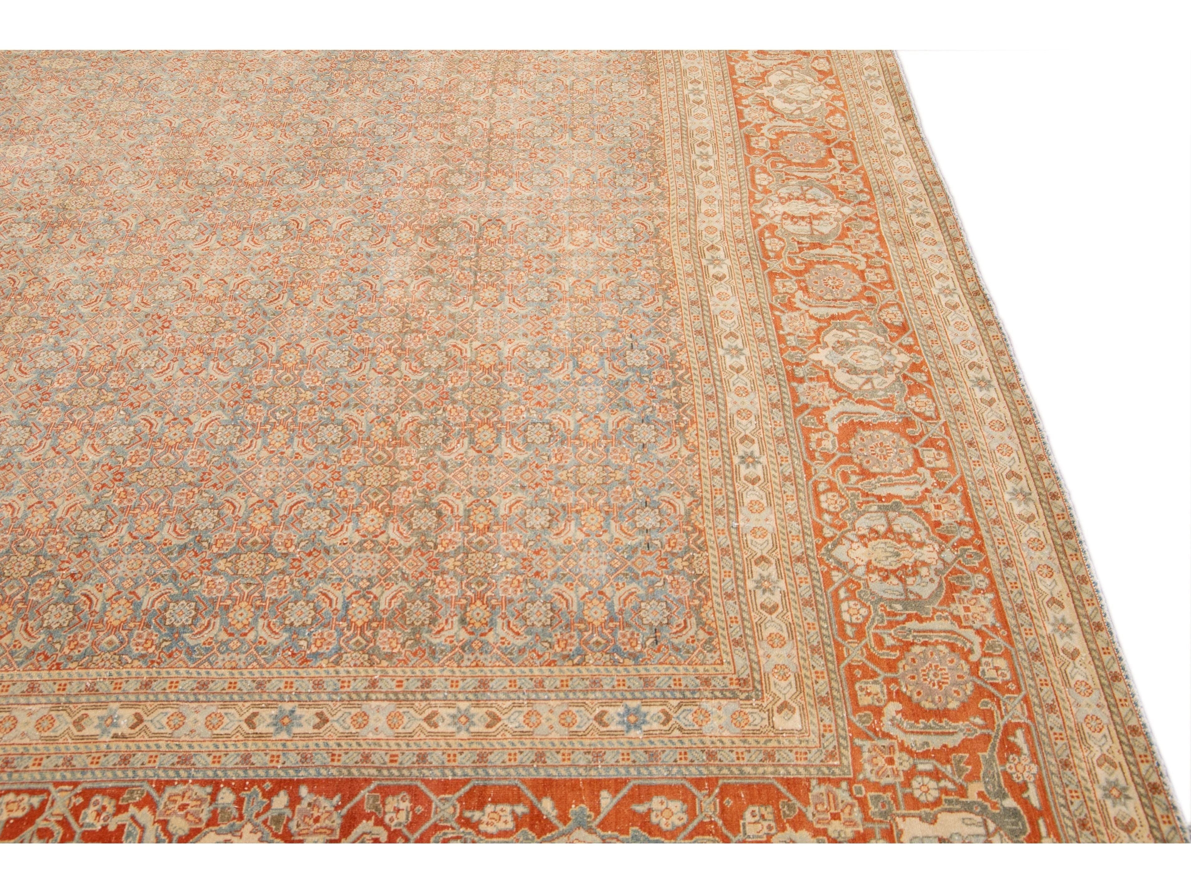 Antique Tabriz Handmade Allover Designed Blue And Rust Persian Wool Rug