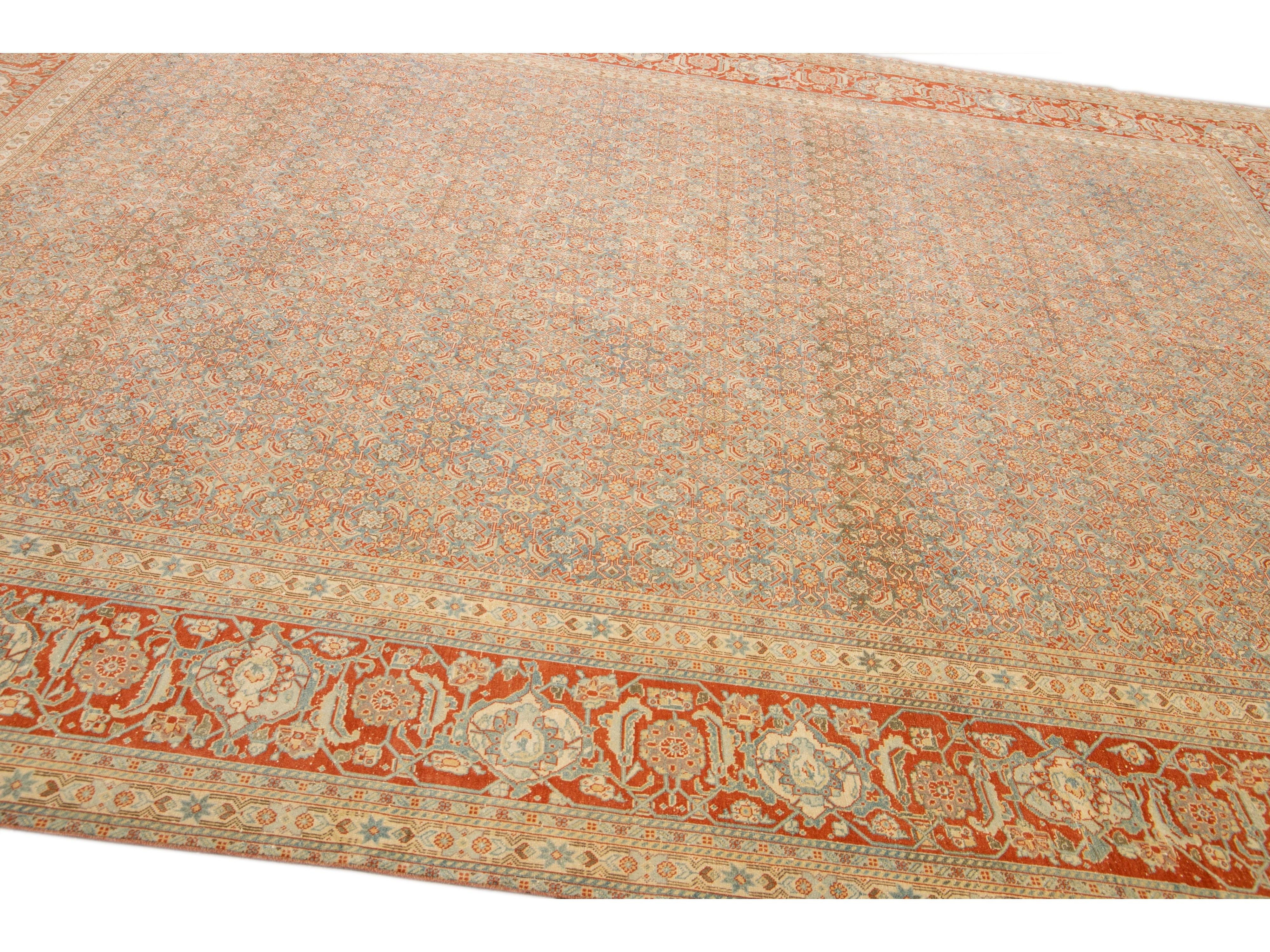 Antique Tabriz Handmade Allover Designed Blue And Rust Persian Wool Rug