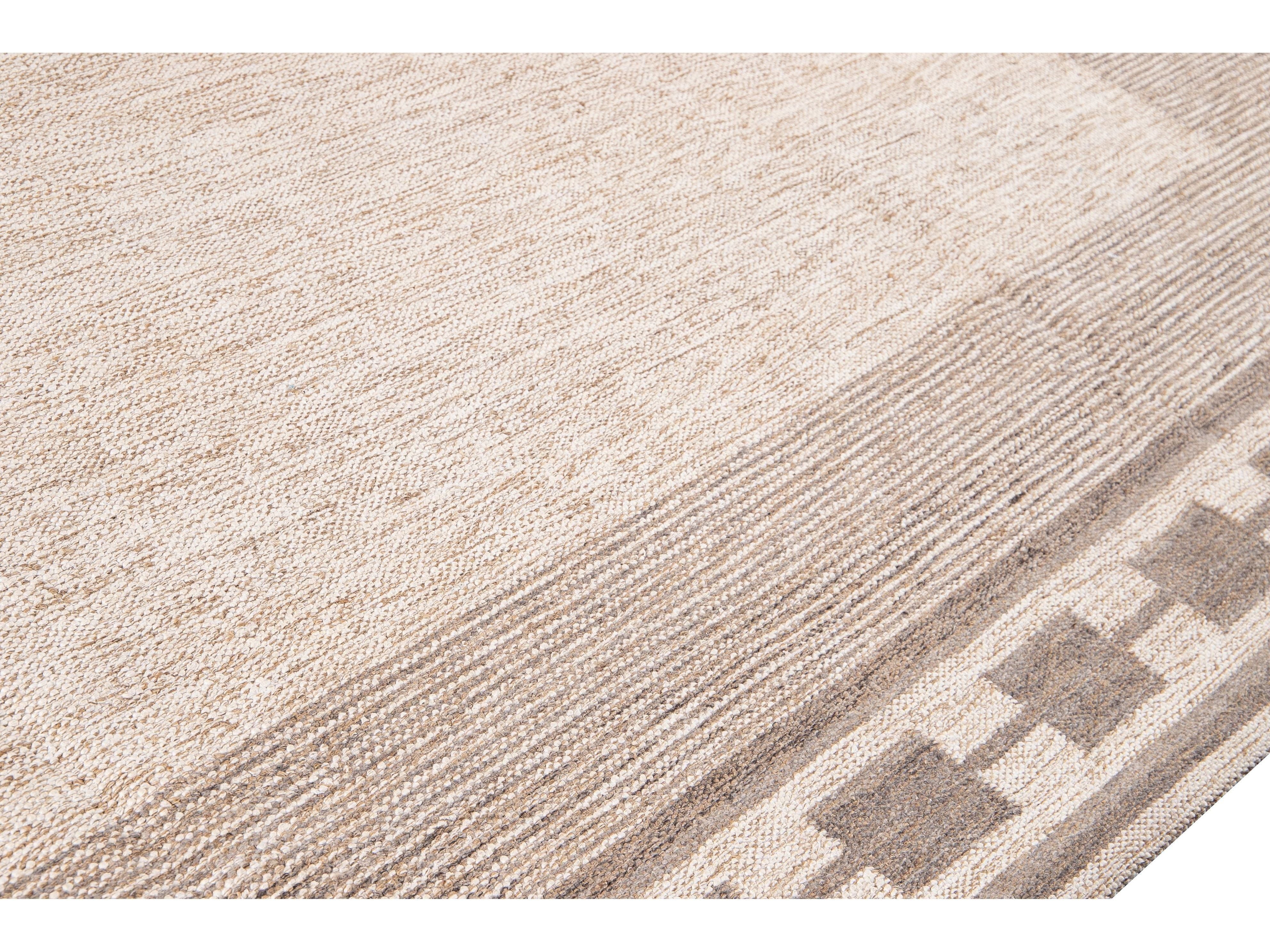Modern Swedish Style Handmade Oversize Designed Beige Wool Rug