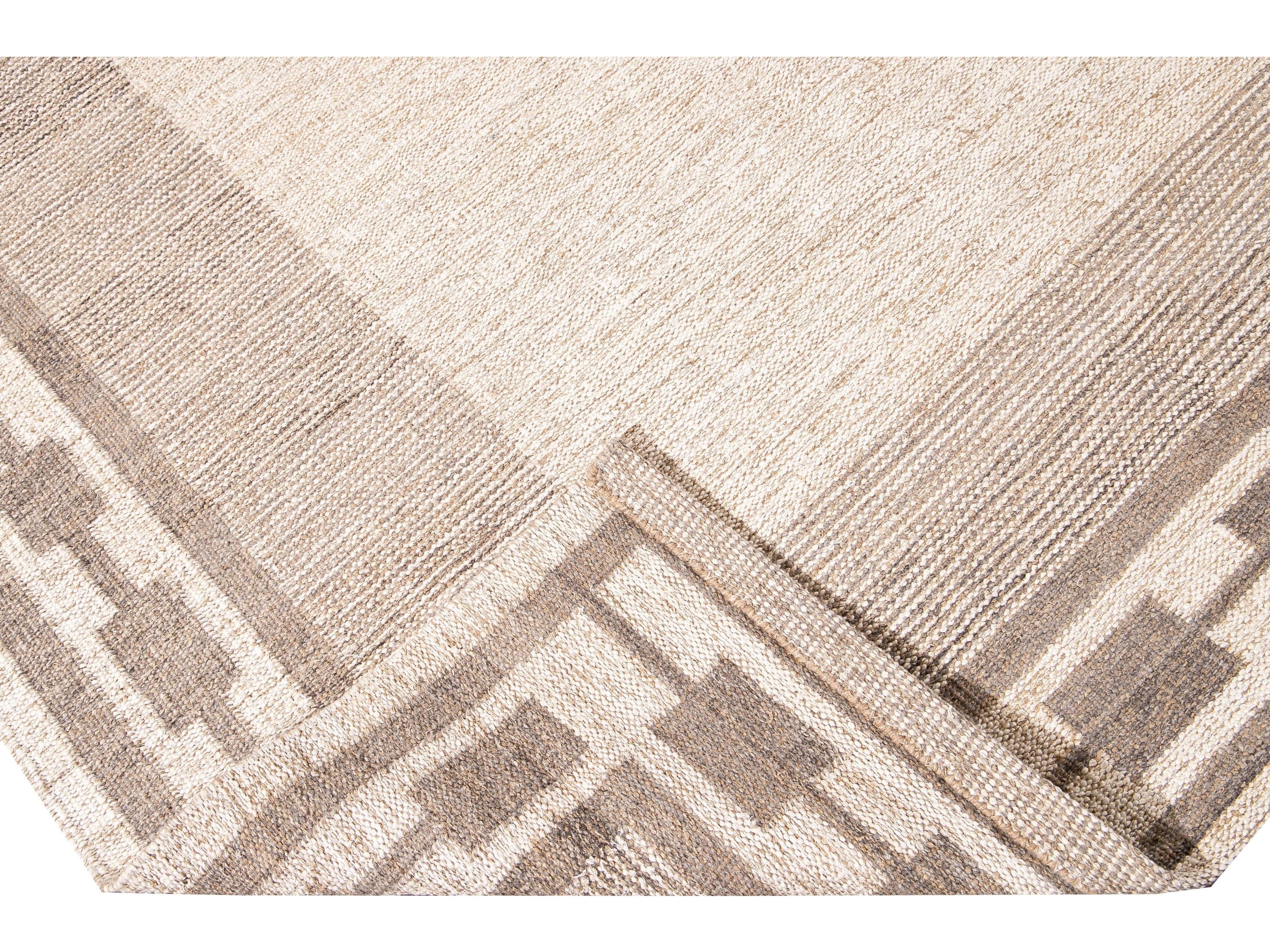 Modern Swedish Style Handmade Oversize Designed Beige Wool Rug