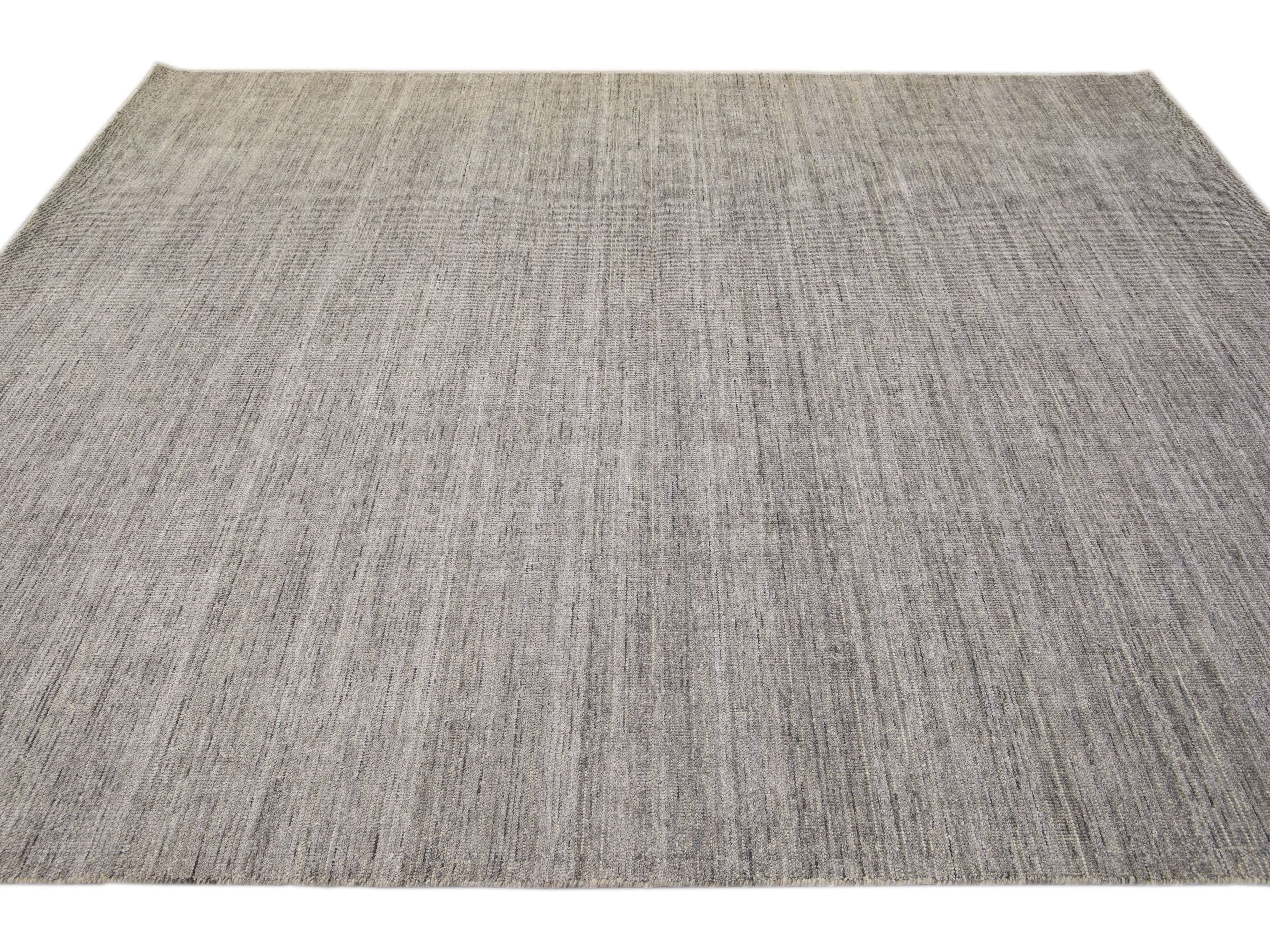 Modern Apadana's Groove Bamboo/Silk Handmade Gray Rug