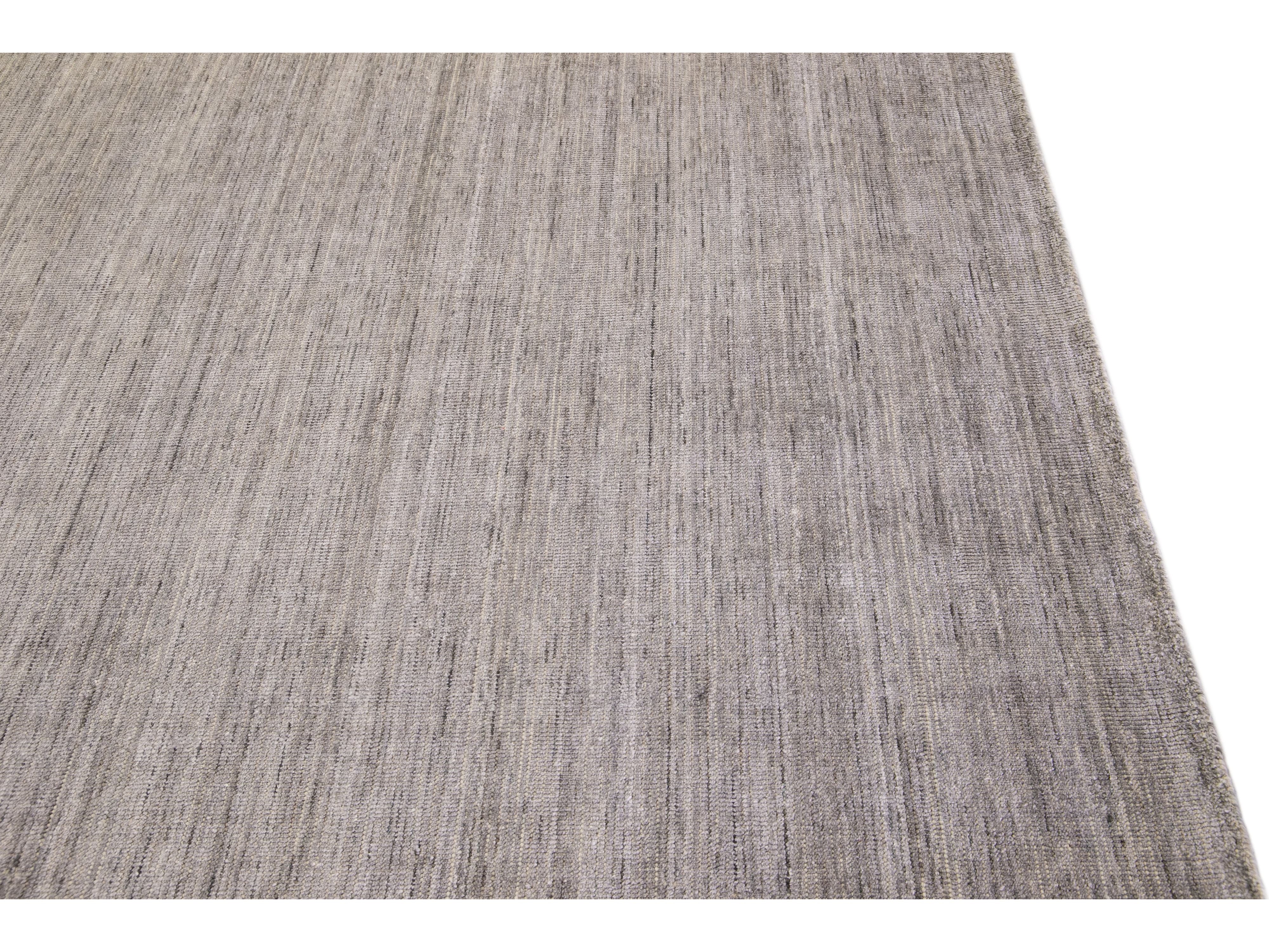 Modern Apadana's Groove Bamboo/Silk Handmade Gray Rug
