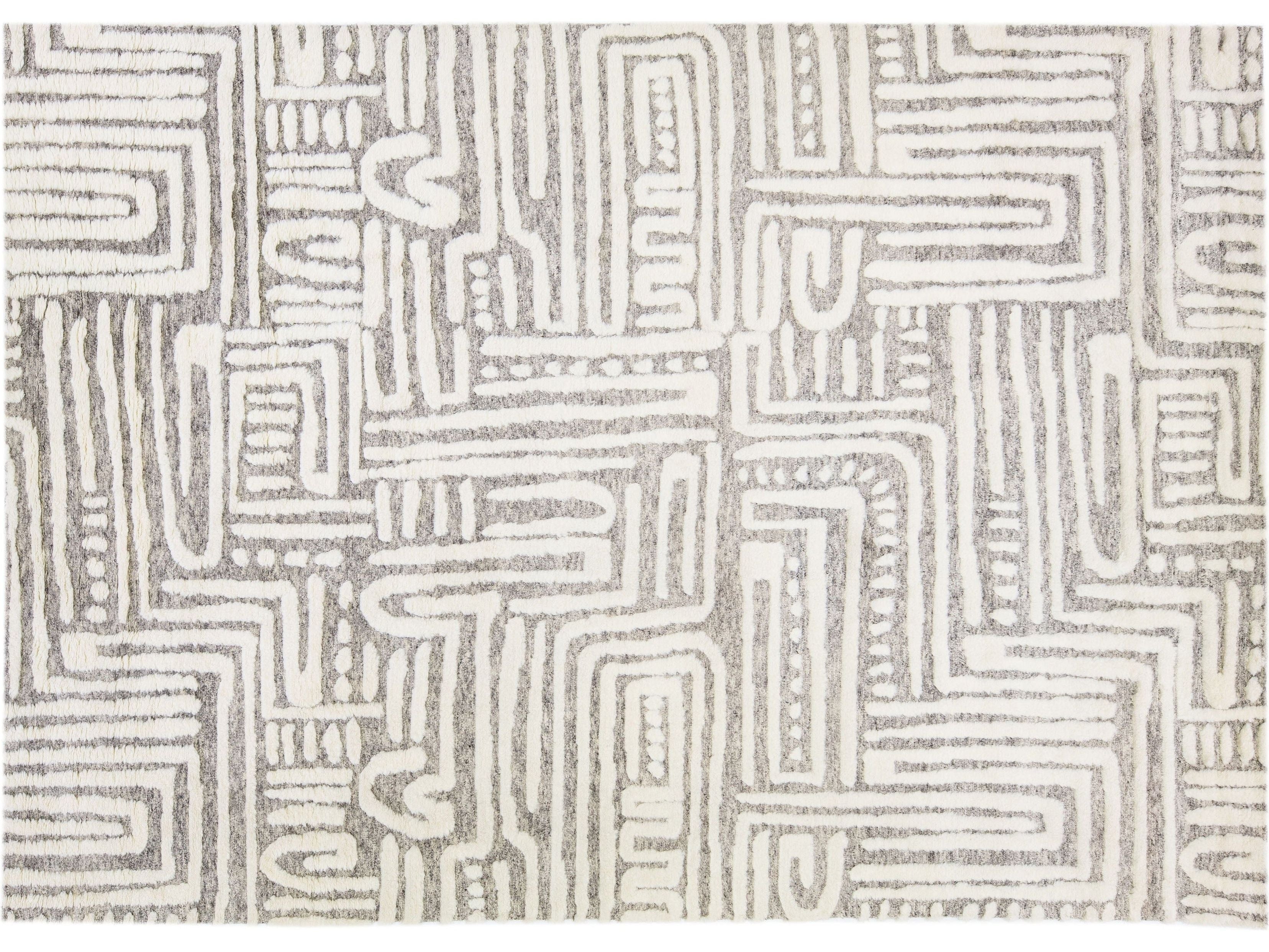 Light Grey Modern Moroccan Style Handmade Abstract Designed Wool Rug by Apadana