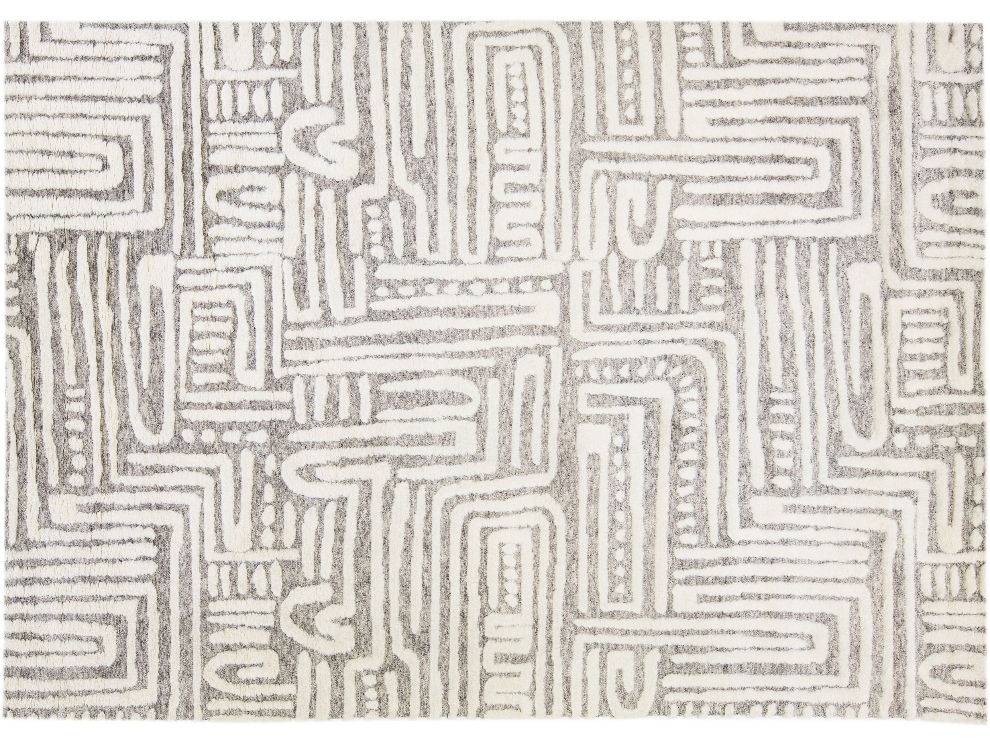Light Grey Modern Moroccan Style Handmade Abstract Designed Wool Rug by Apadana
