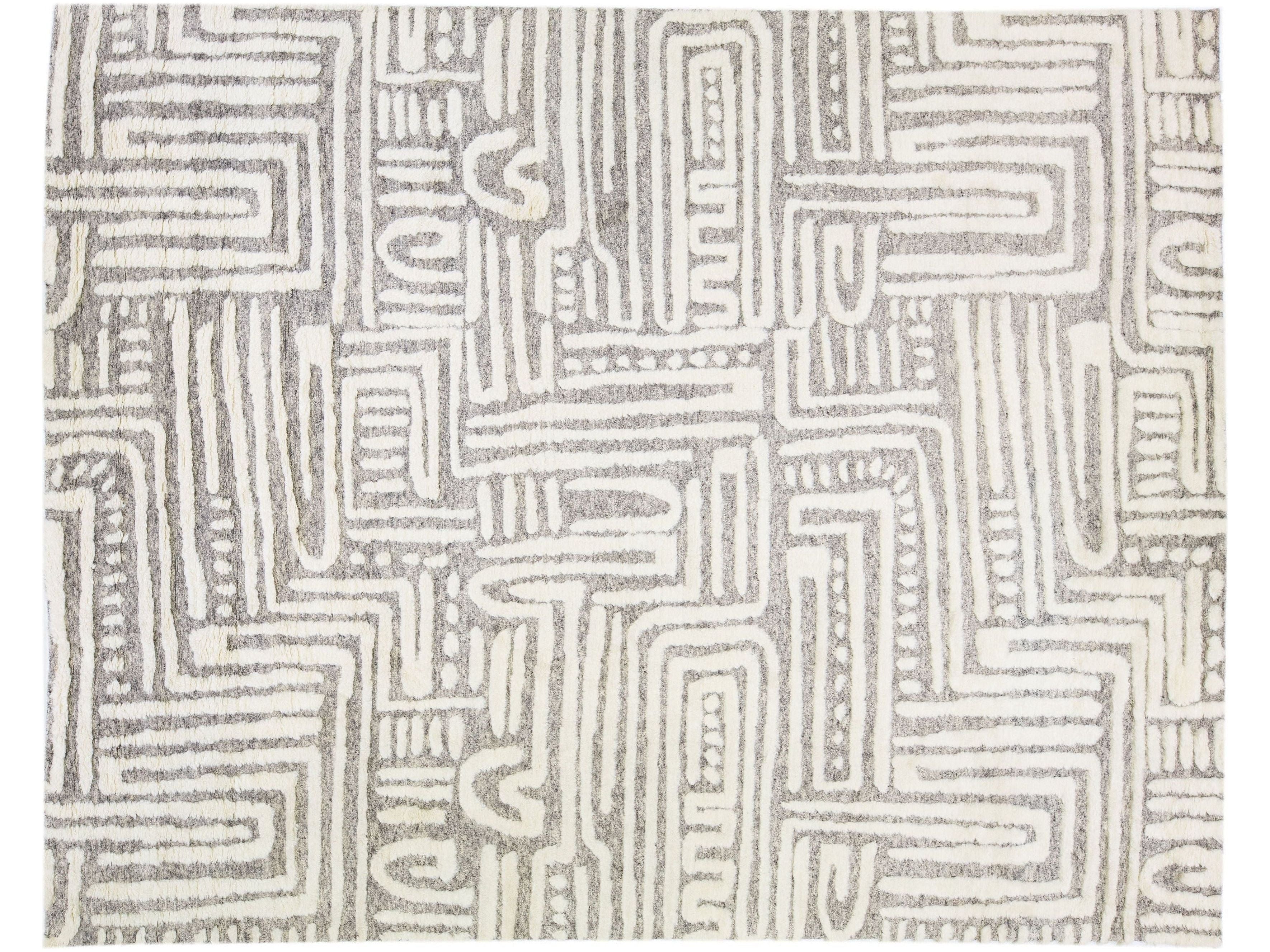 Abstract Modern Moroccan Style Handmade Ivory Wool Rug by Apadana
