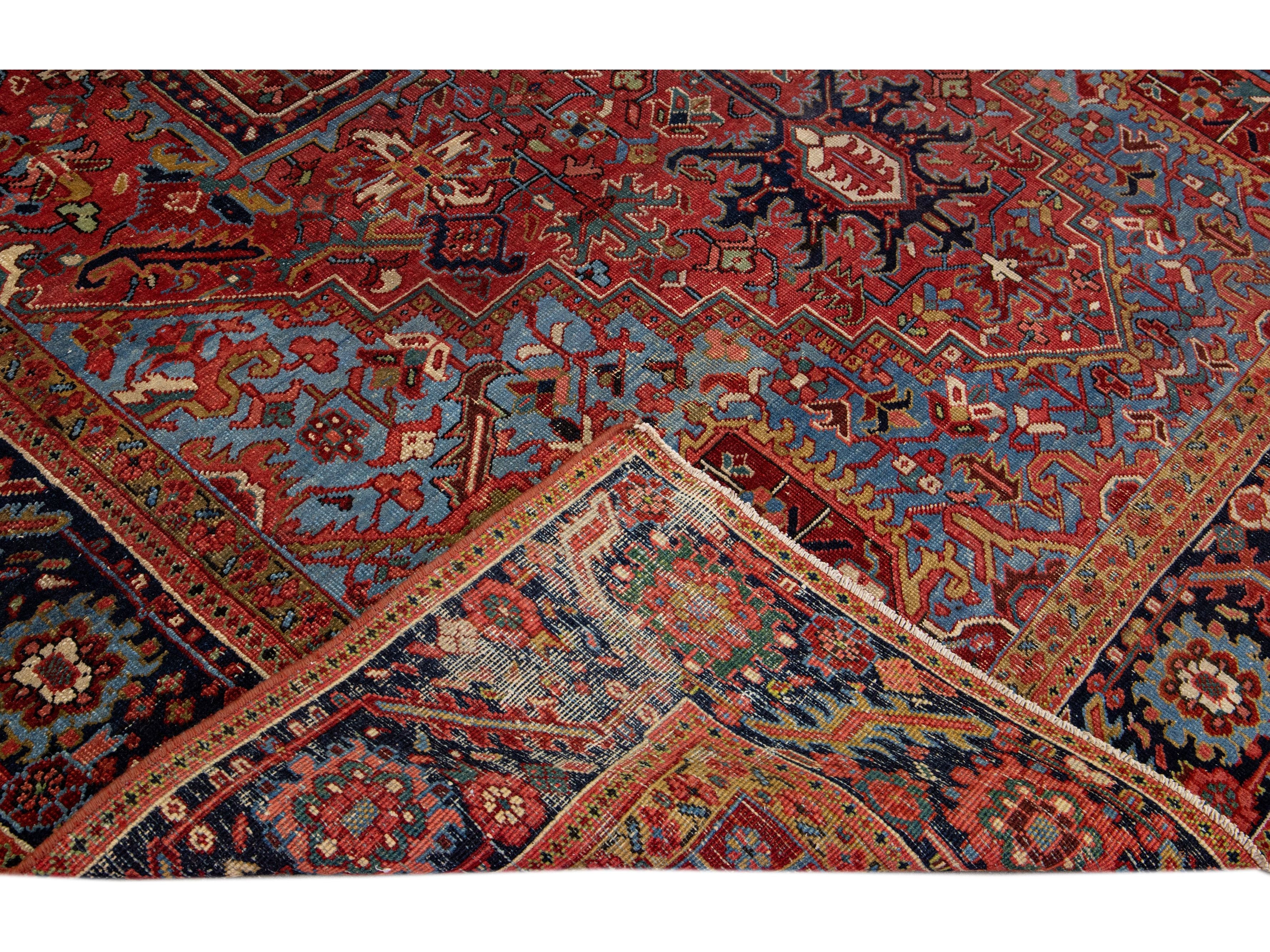 Red Antique Persian Heriz Handmade Medallion Designed Wool Rug