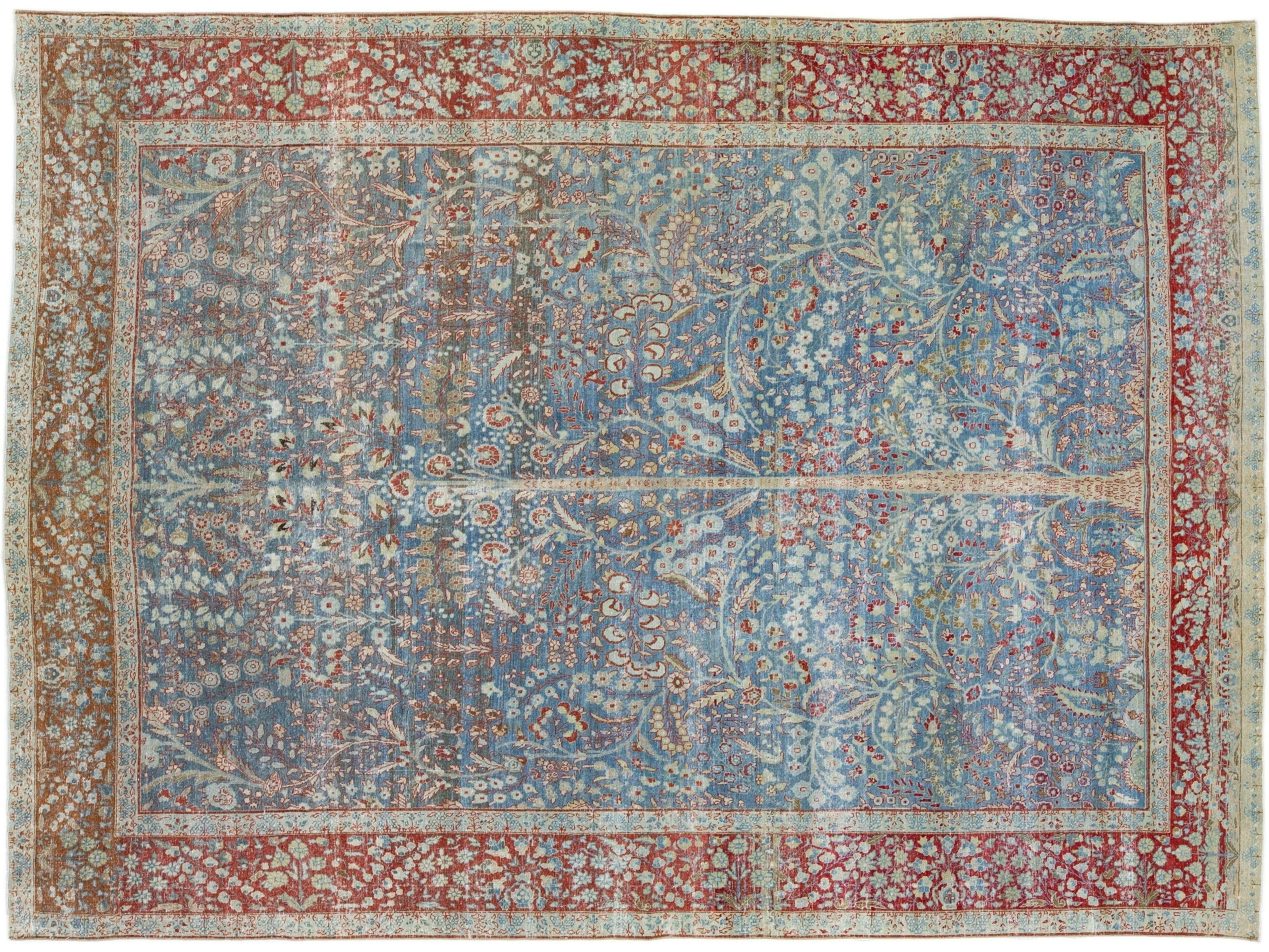 Antique Persian Tabriz Handmade Blue Wool Rug with Shah Abbasi Design