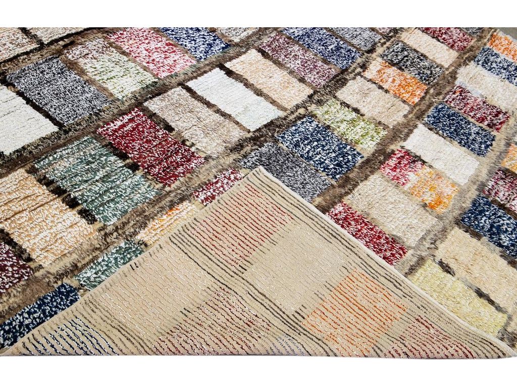 Brown Modern Turkish Tulu Handmade Multicolor Square Designed Pattern Wool Rug
