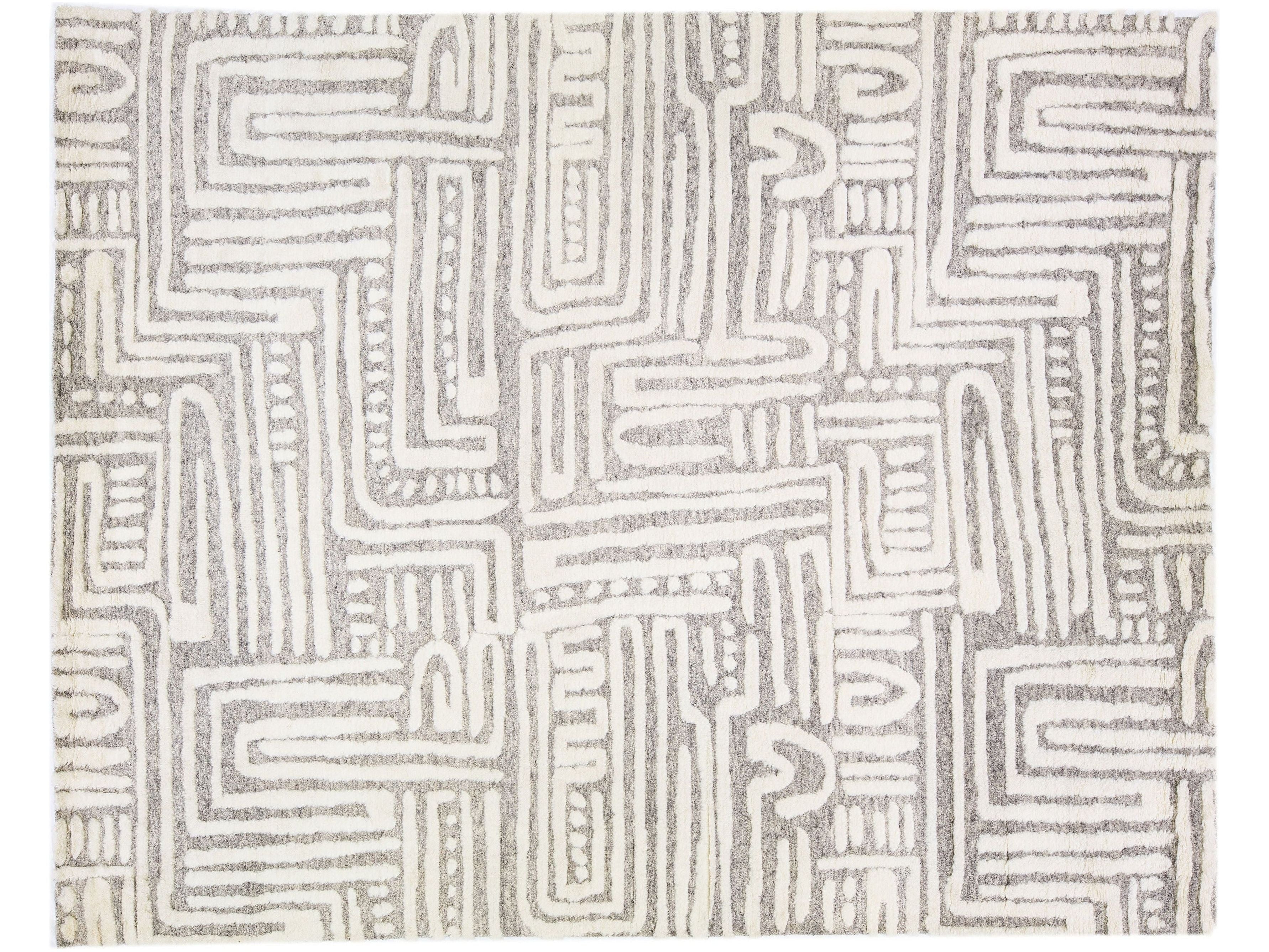 Modern Moroccan Style Abstract Handmade Ivory Wool Rug by Apadana