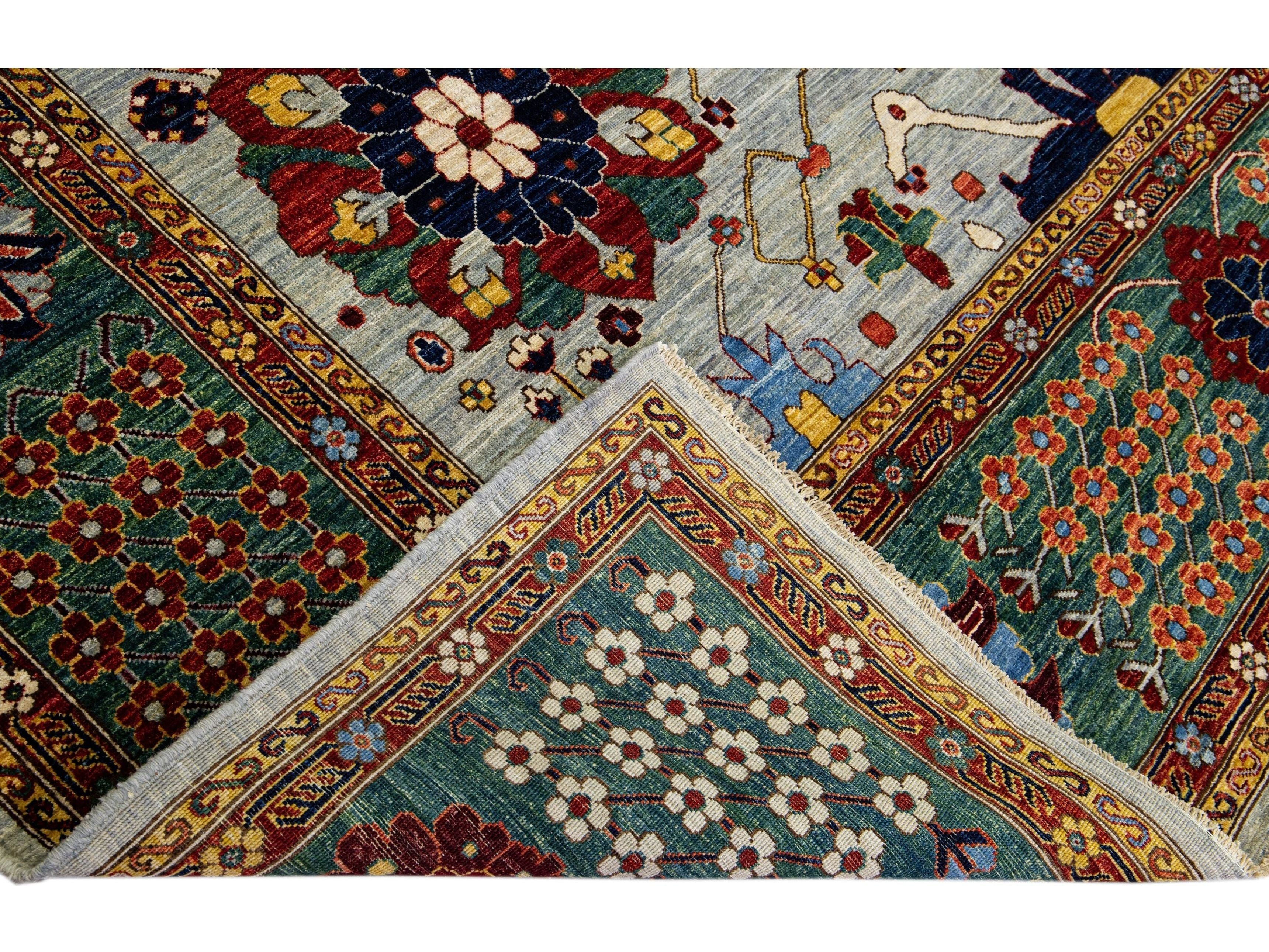Modern Serapi Style Handmade Floral Designed Light Gray Wool Rug