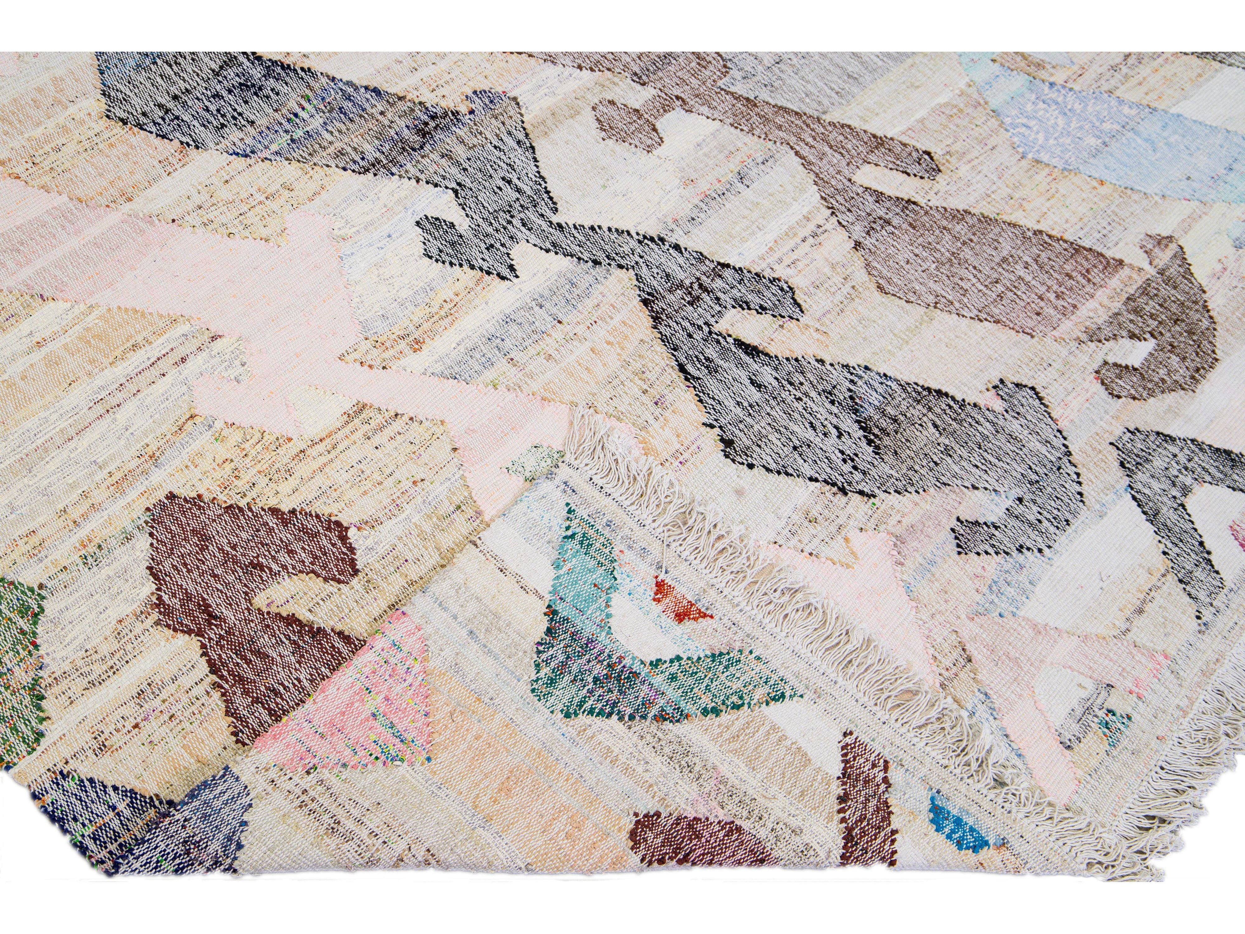 Vintage Turkish Kilim Flatweave Geometric Designed Beige Oversize Wool Rug