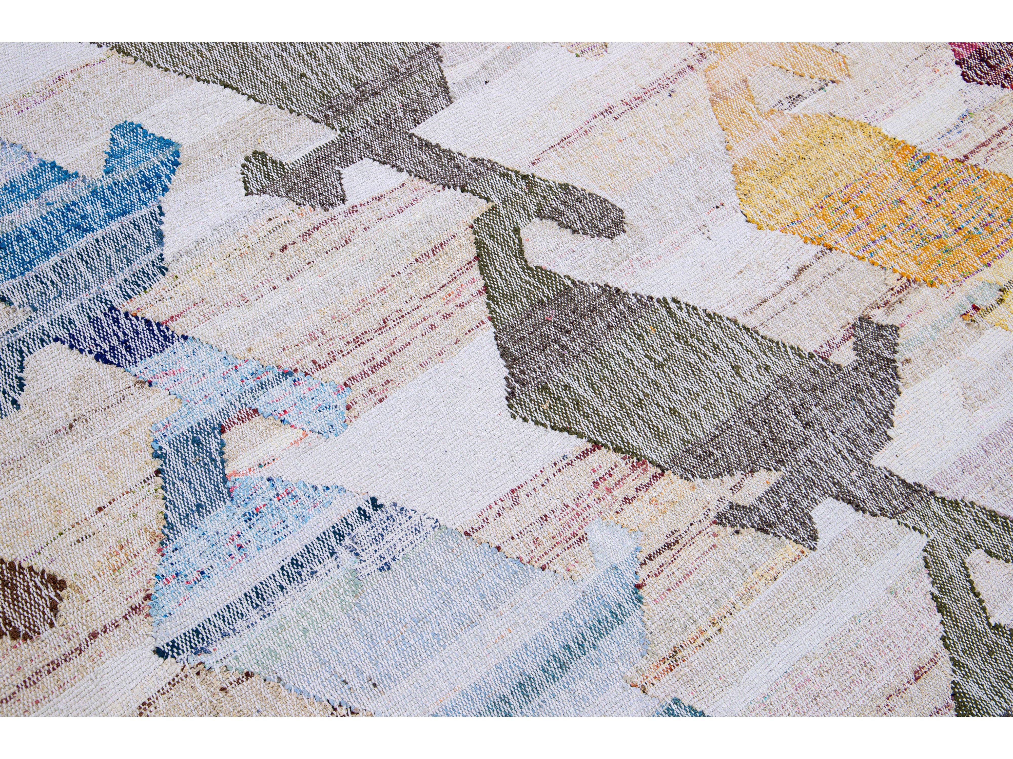 Vintage Turkish Kilim Flatweave Geometric Designed Beige Oversize Wool Rug