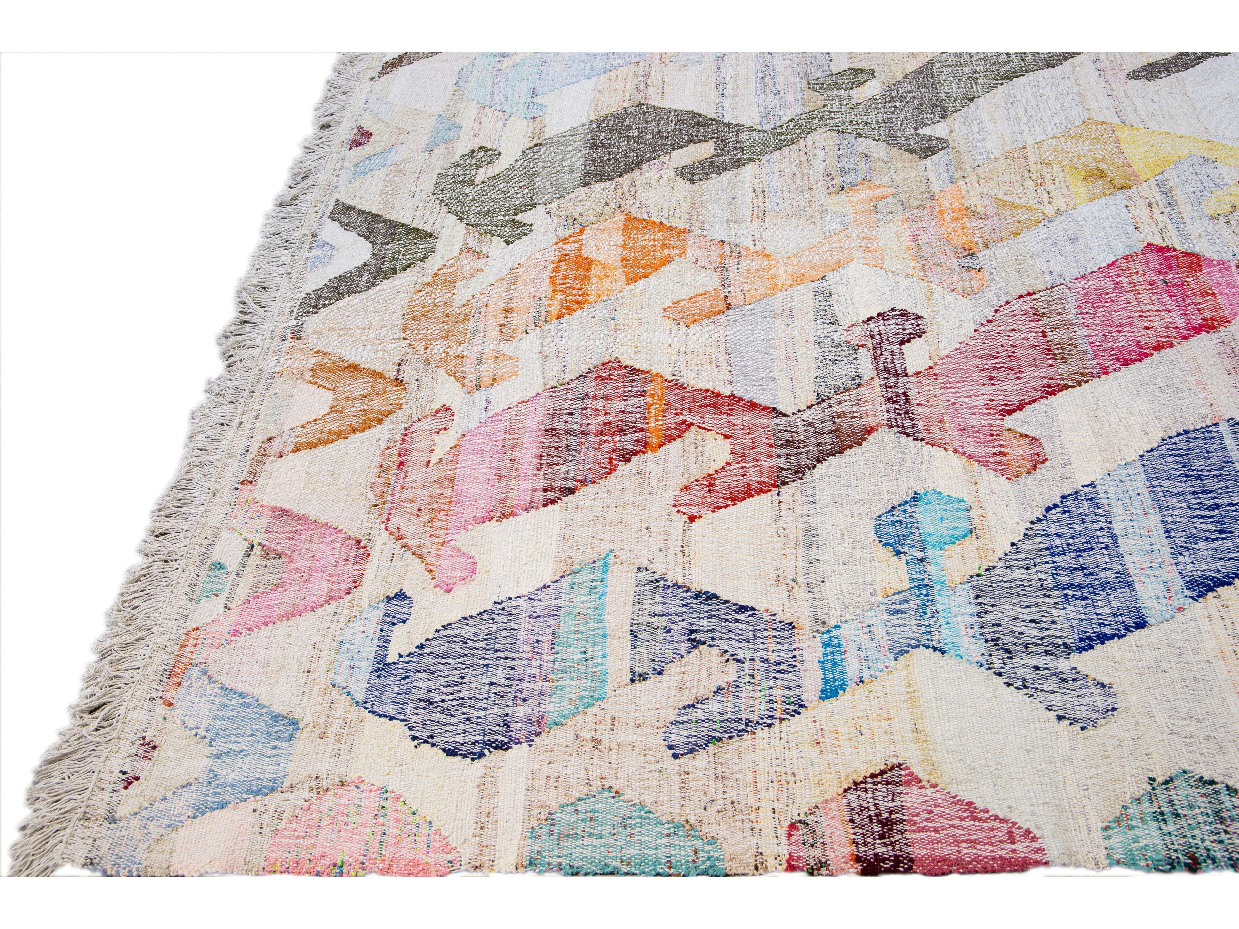 Vintage Turkish Kilim Flatweave Geometric Designed Beige Oversize Wool Rug
