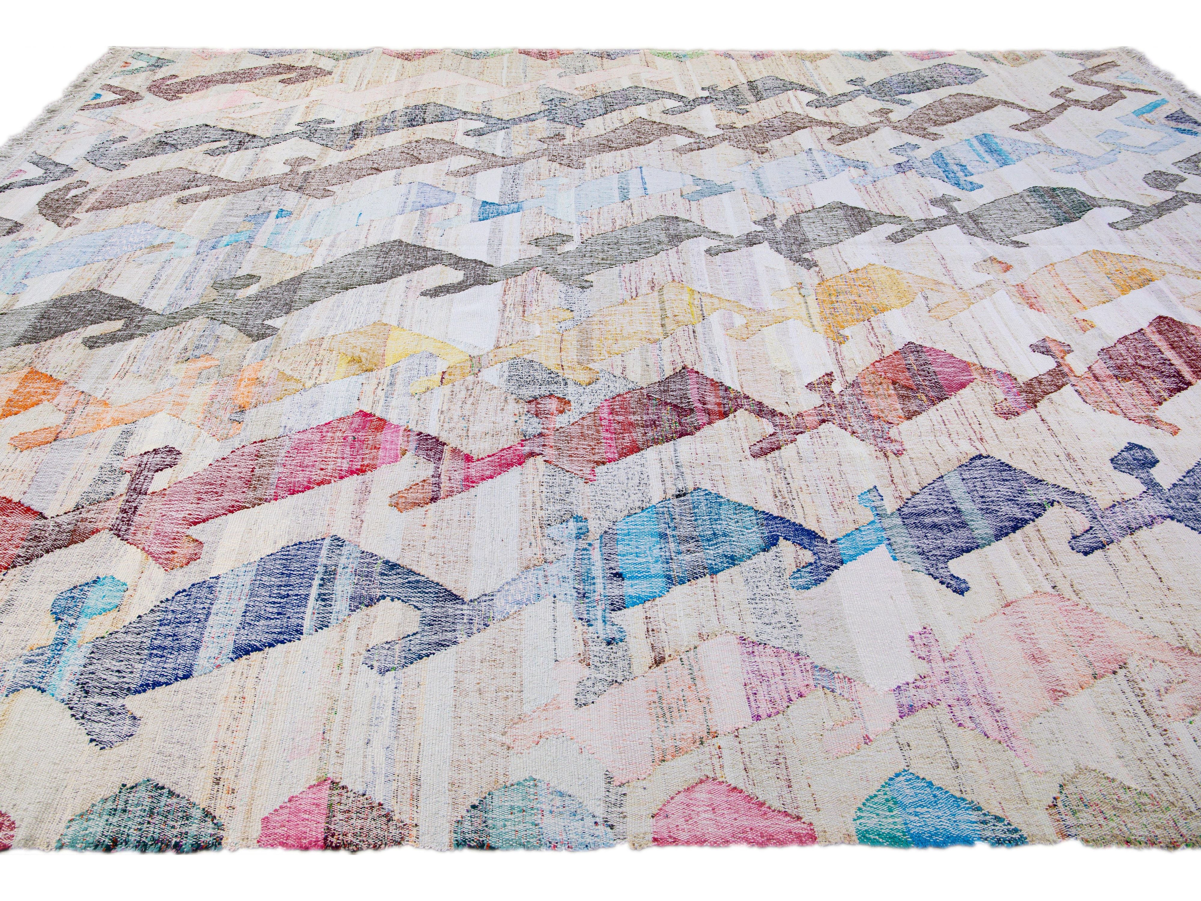 Vintage Turkish Kilim Flatweave Geometric Designed Beige Oversize Wool Rug