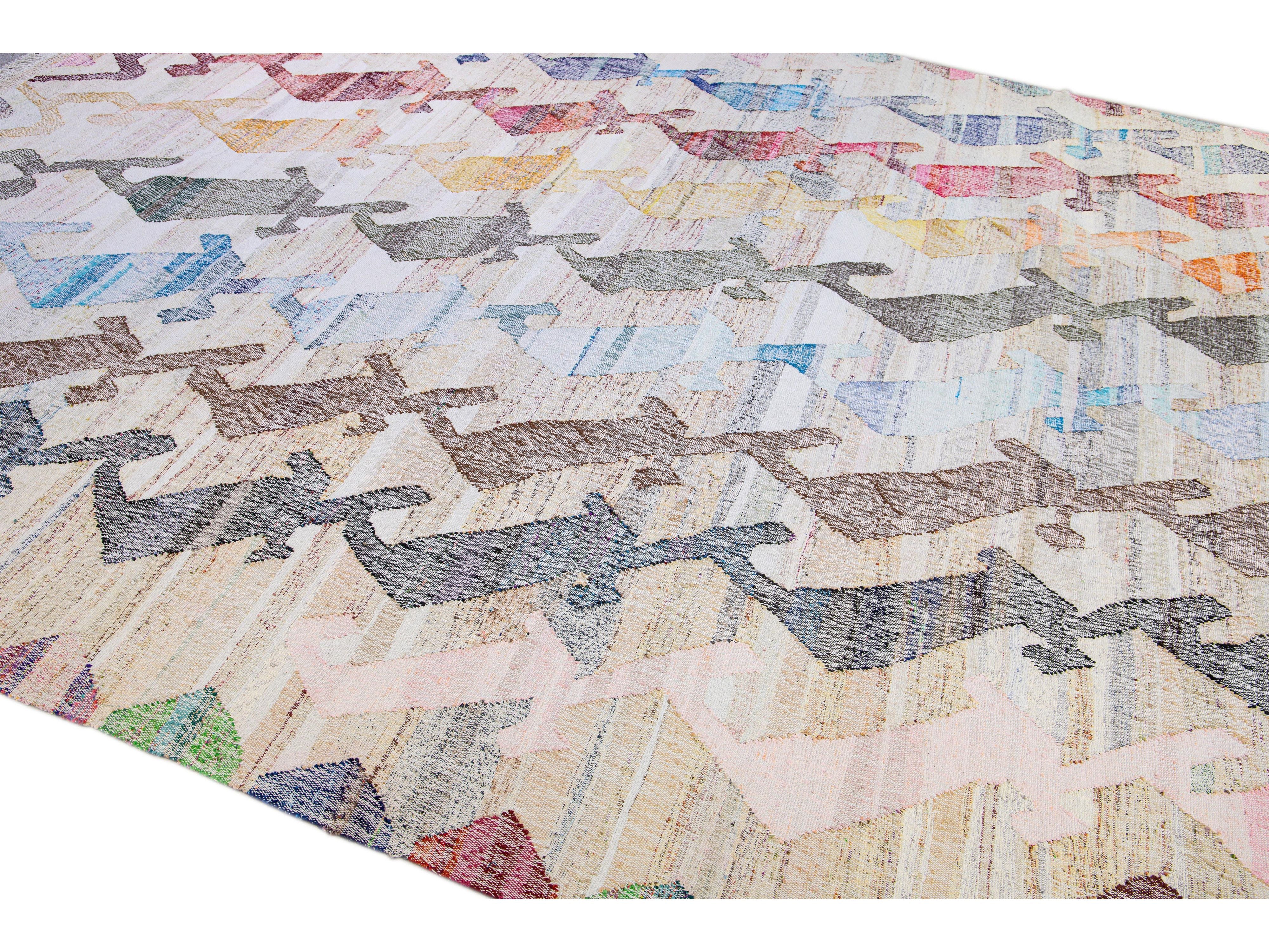 Vintage Turkish Kilim Flatweave Geometric Designed Beige Oversize Wool Rug
