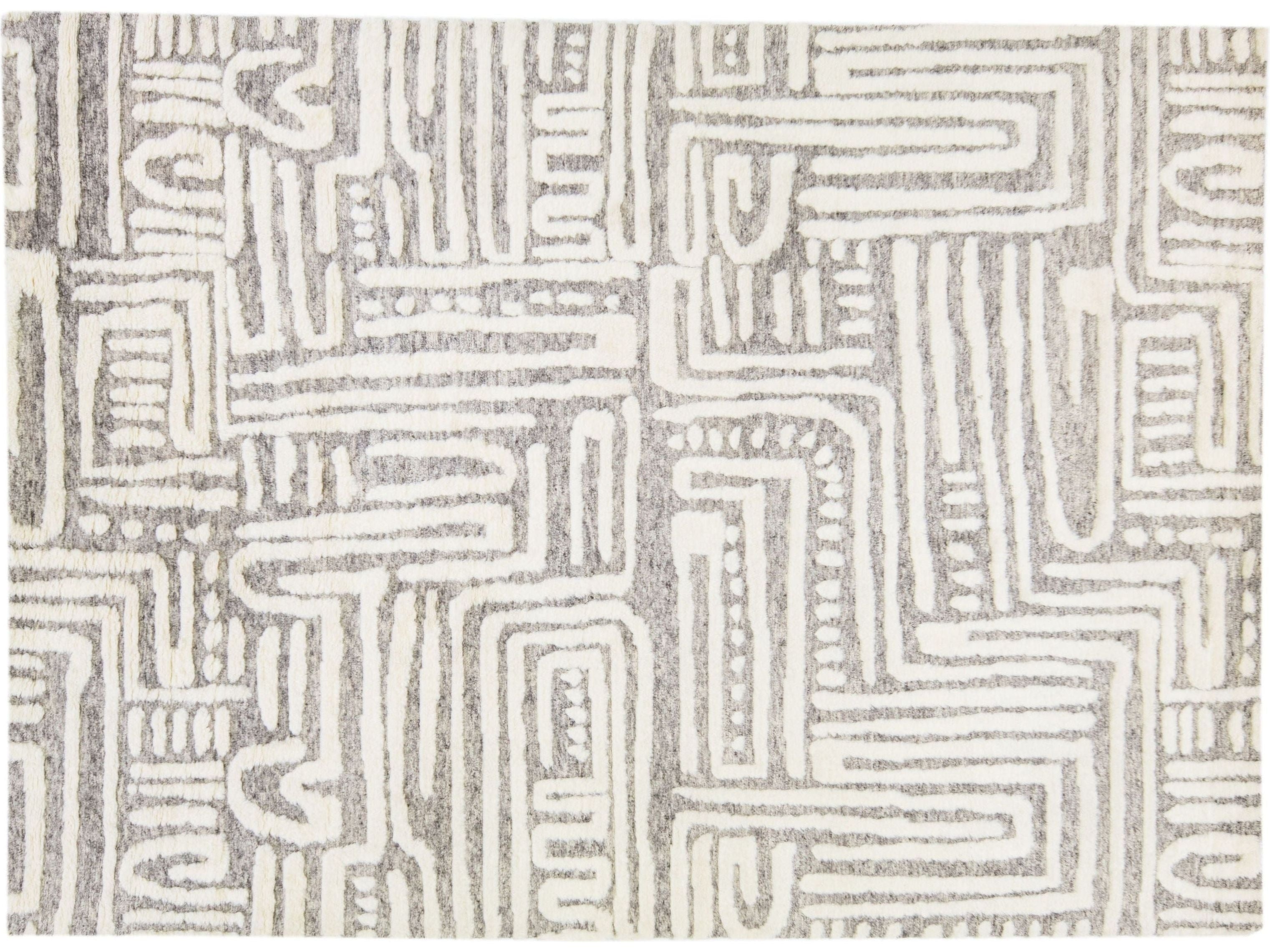 Modern Moroccan Style Handmade Ivory Wool Rug with Abstract Motif by Apadana