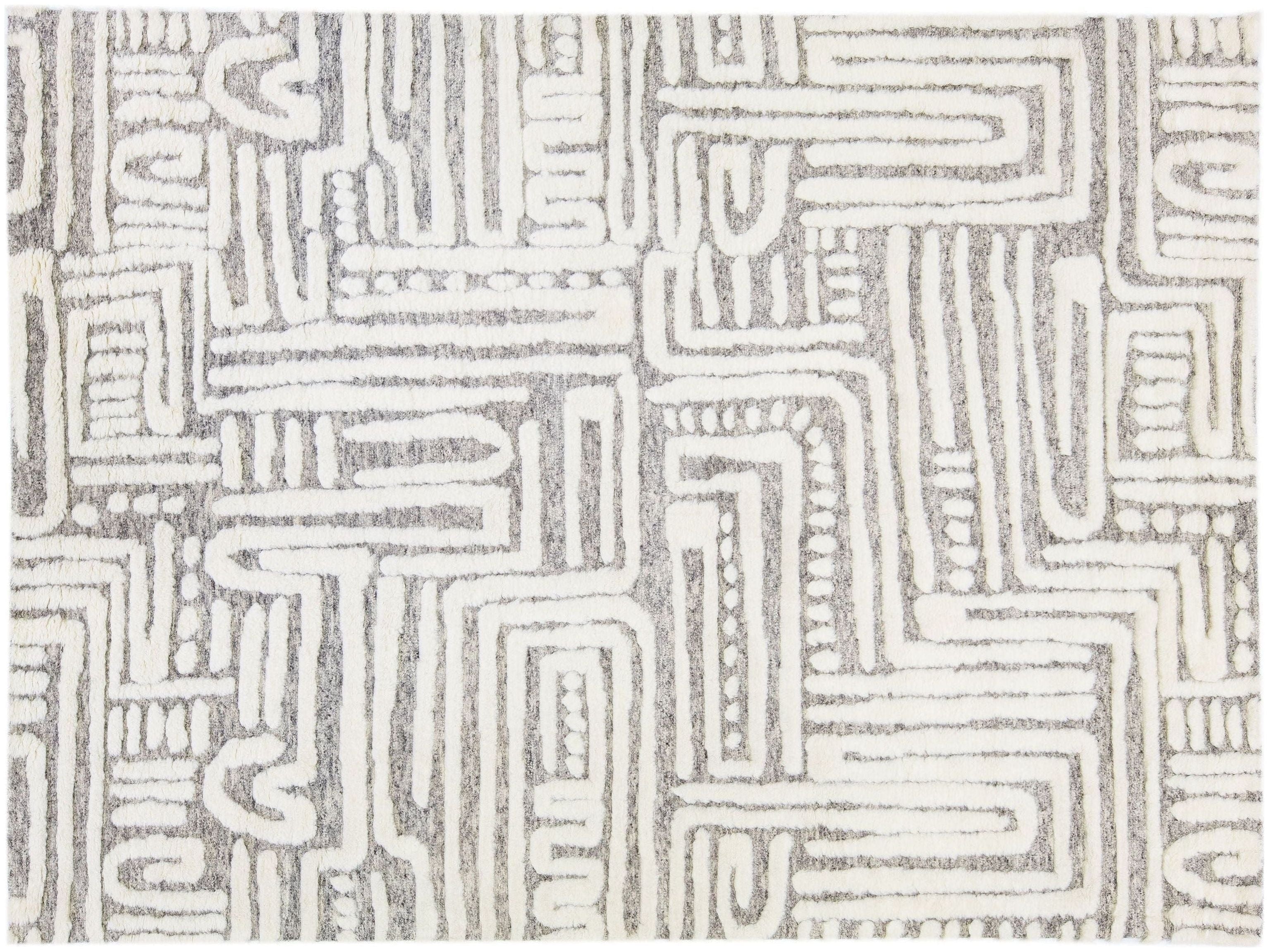 Abstract Modern Moroccan Style Handmade Ivory Wool Rug by Apadana
