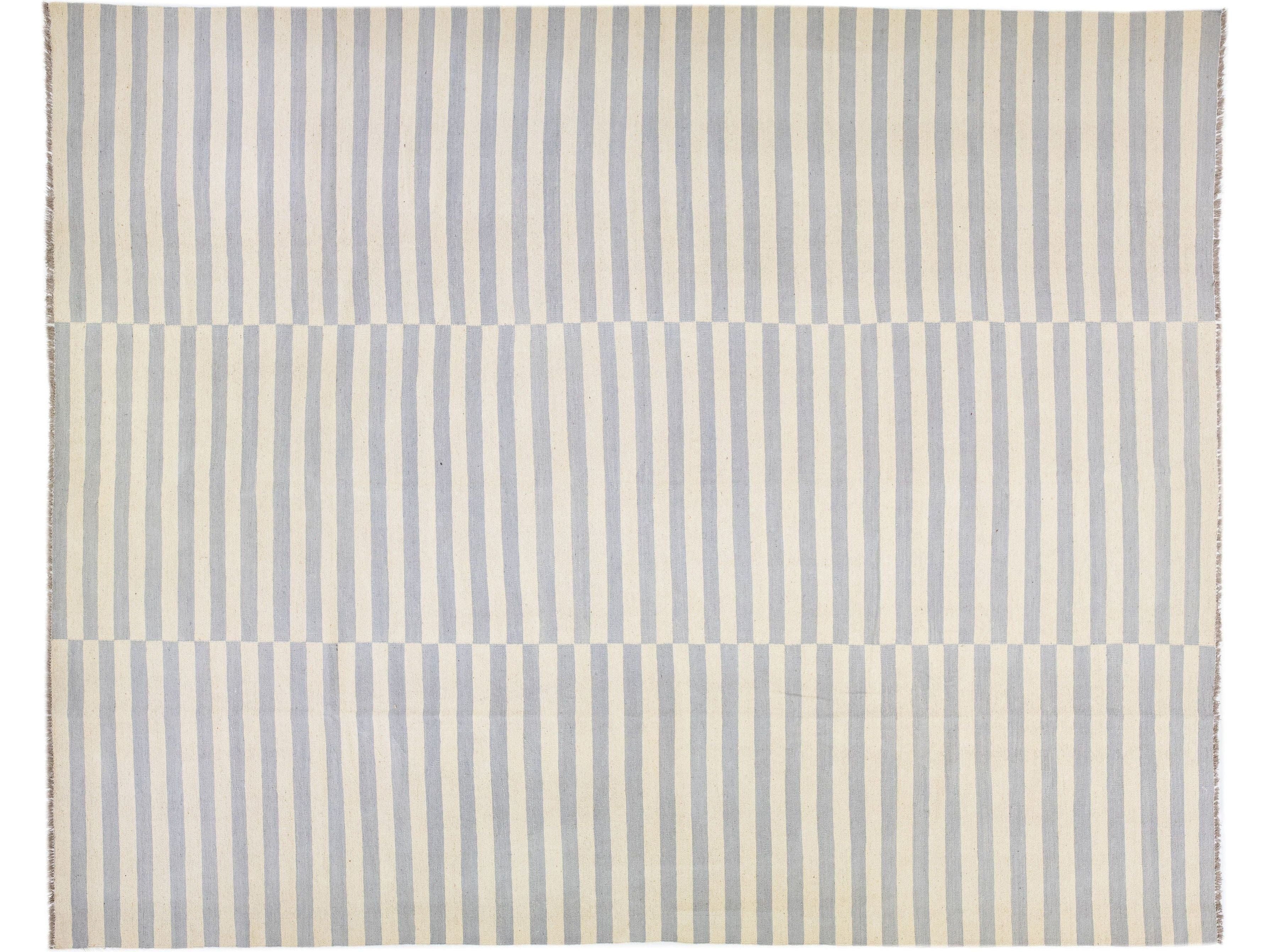 Modern Kilim Beige Flat-Weave Allover Stripe Wool Rug