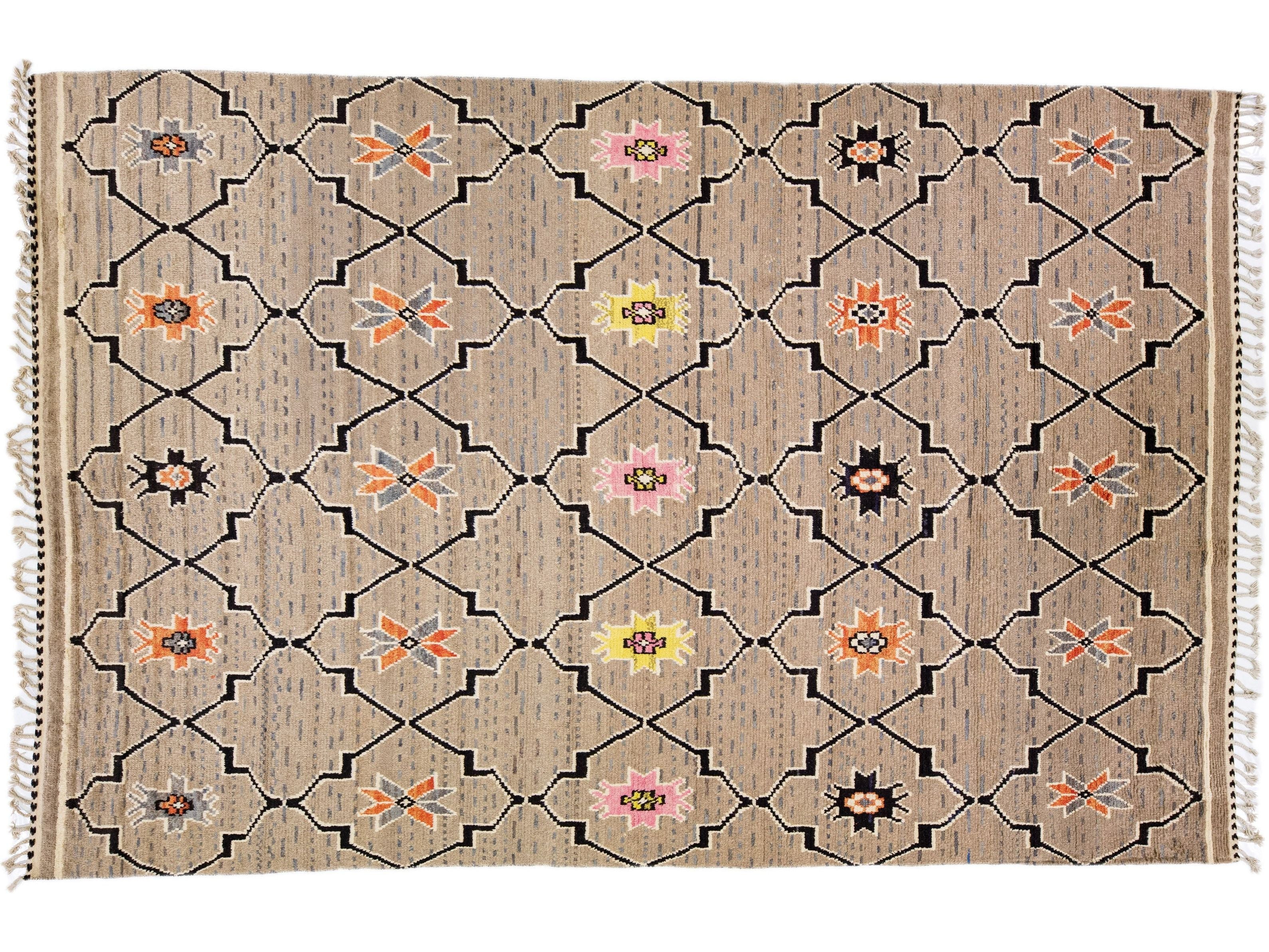 Tan Modern Moroccan Style Handmade Tribal Designed Wool Rug