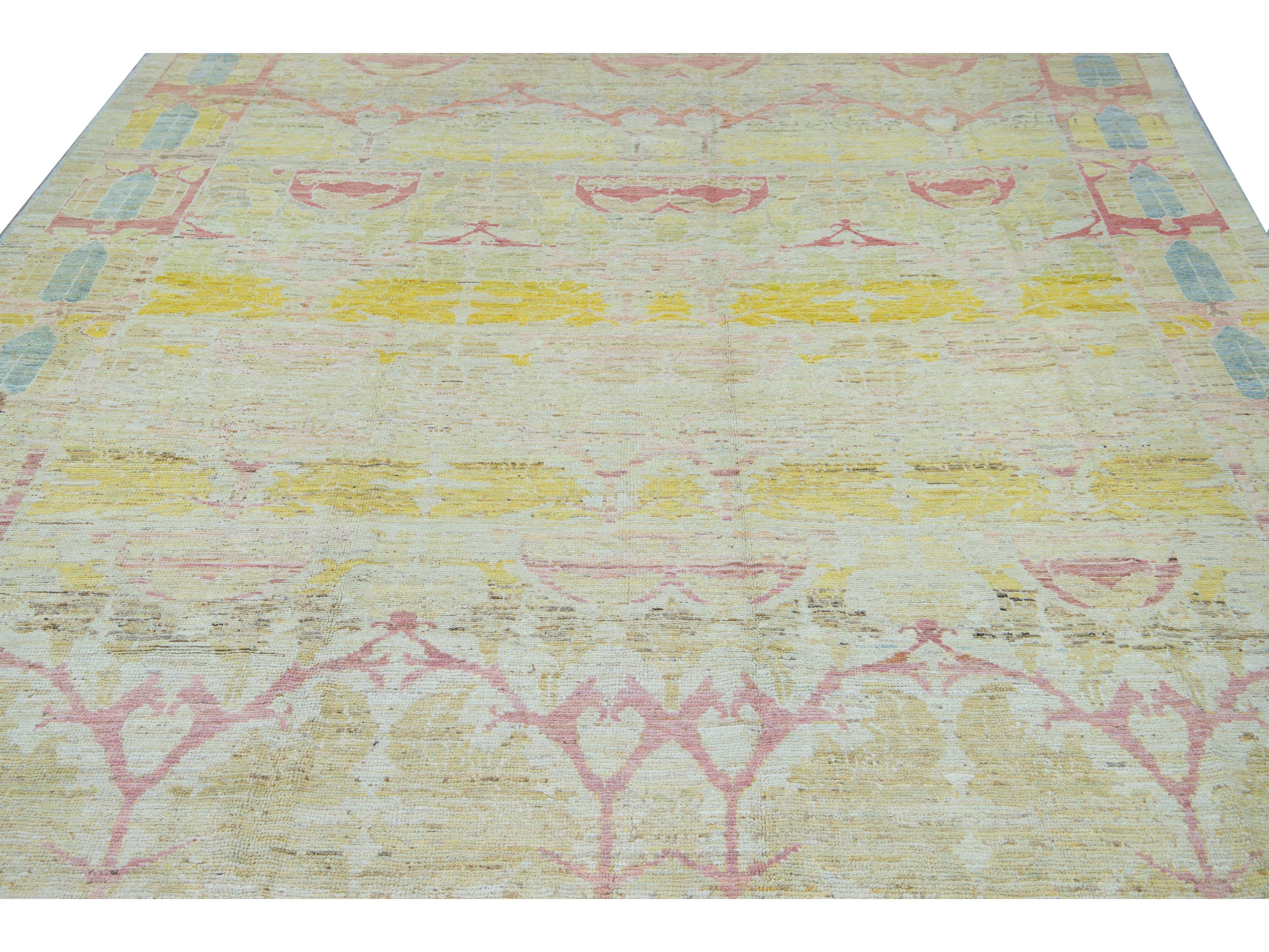 Modern Oushak Yellow Handmade Geometric Designed Pattern Oversize Wool Rug