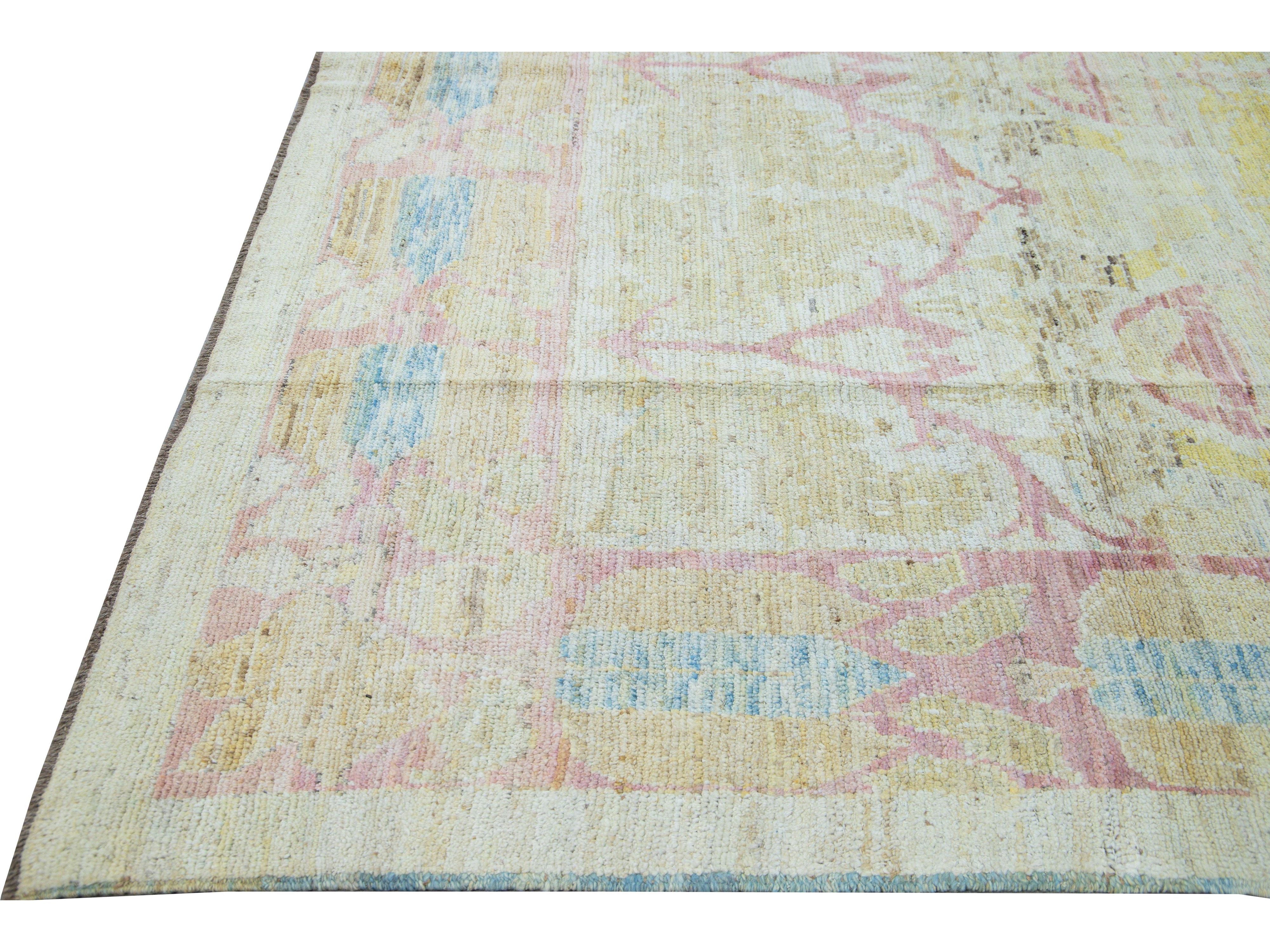 Modern Oushak Yellow Handmade Geometric Designed Pattern Oversize Wool Rug