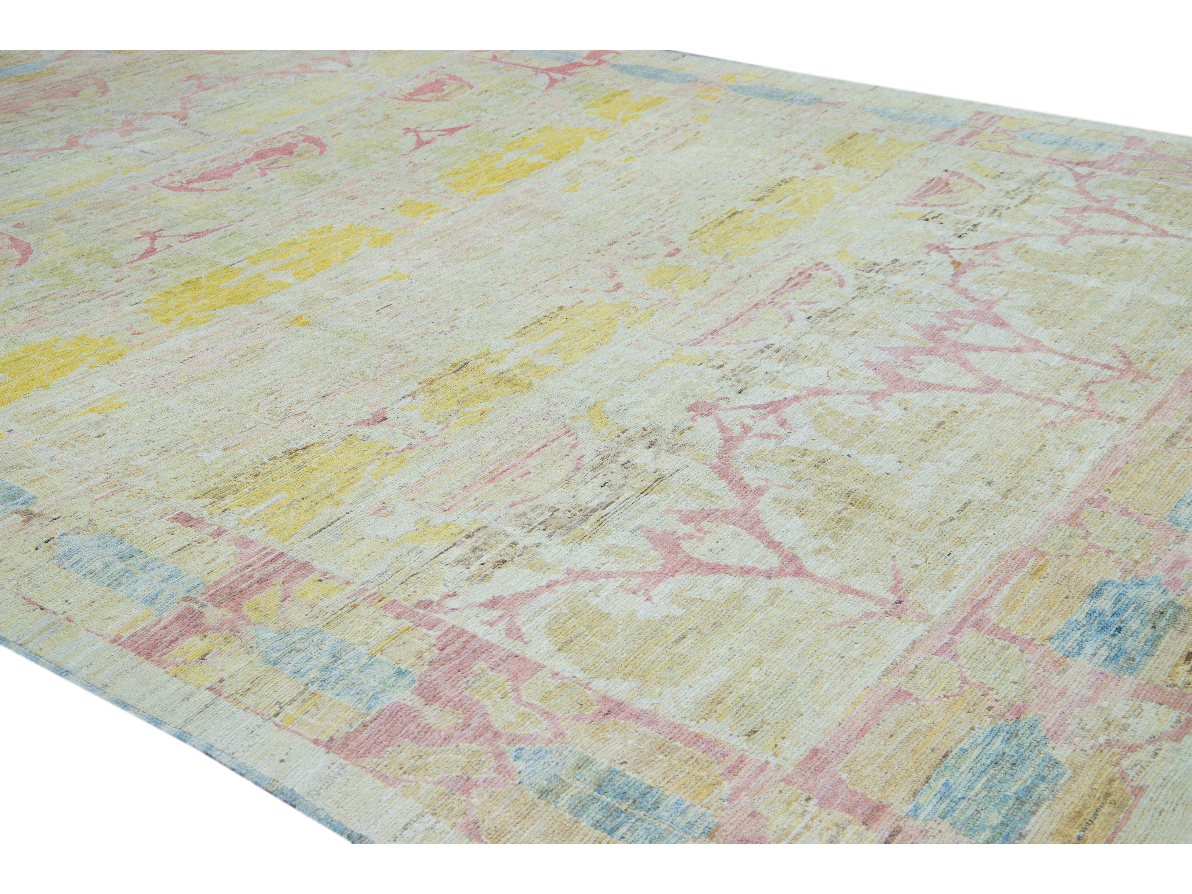 Modern Oushak Yellow Handmade Geometric Designed Pattern Oversize Wool Rug