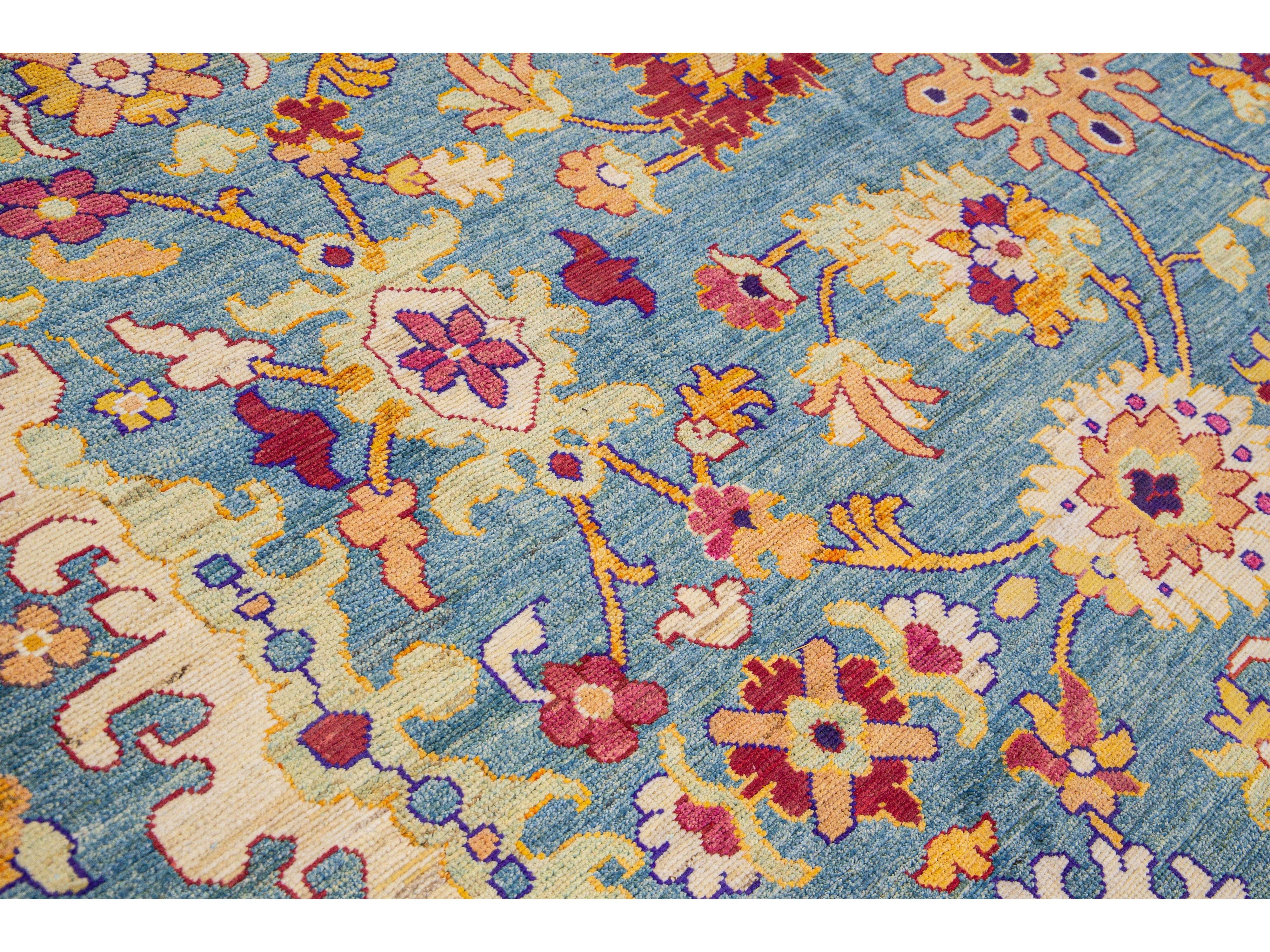 Modern Oushak Handmade Tribal Floral Oversize Blue Wool Rug