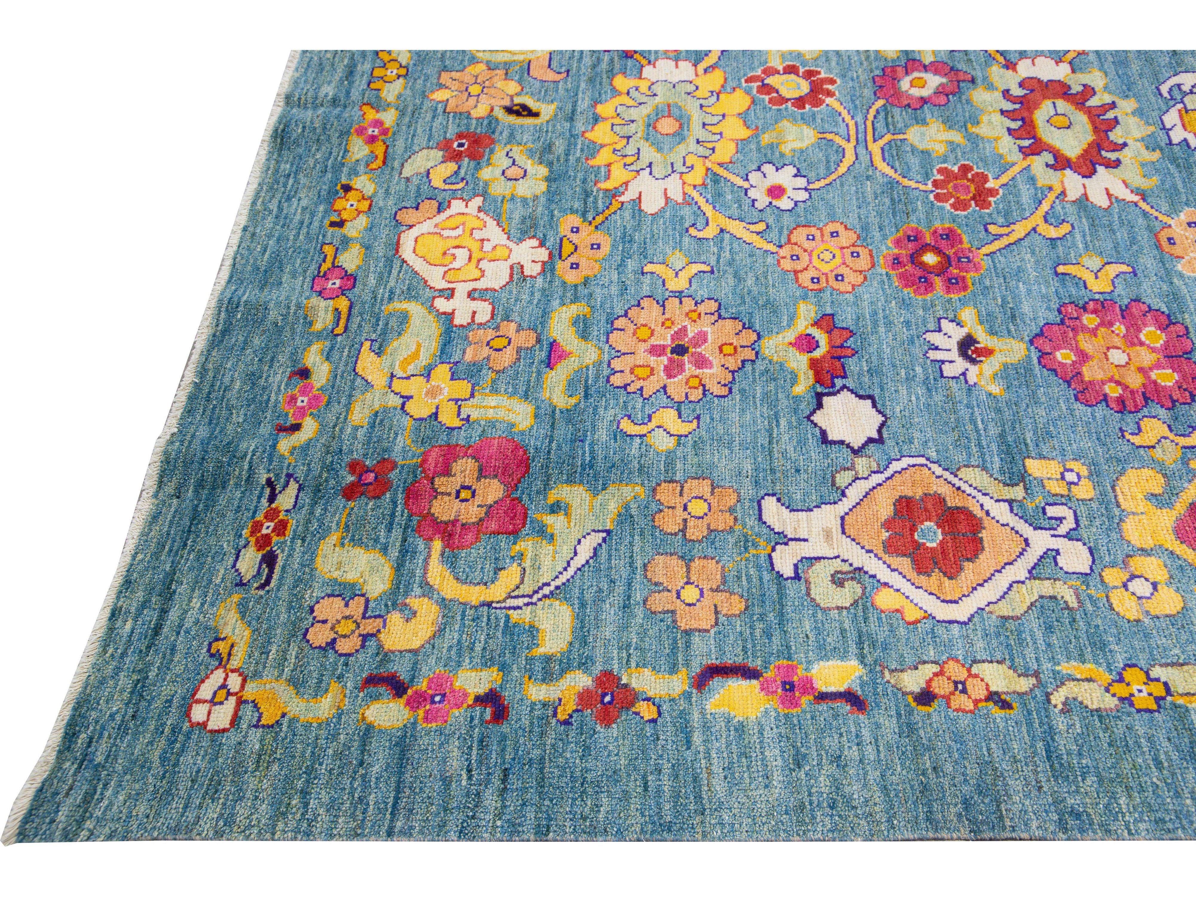 Modern Oushak Handmade Tribal Floral Oversize Blue Wool Rug