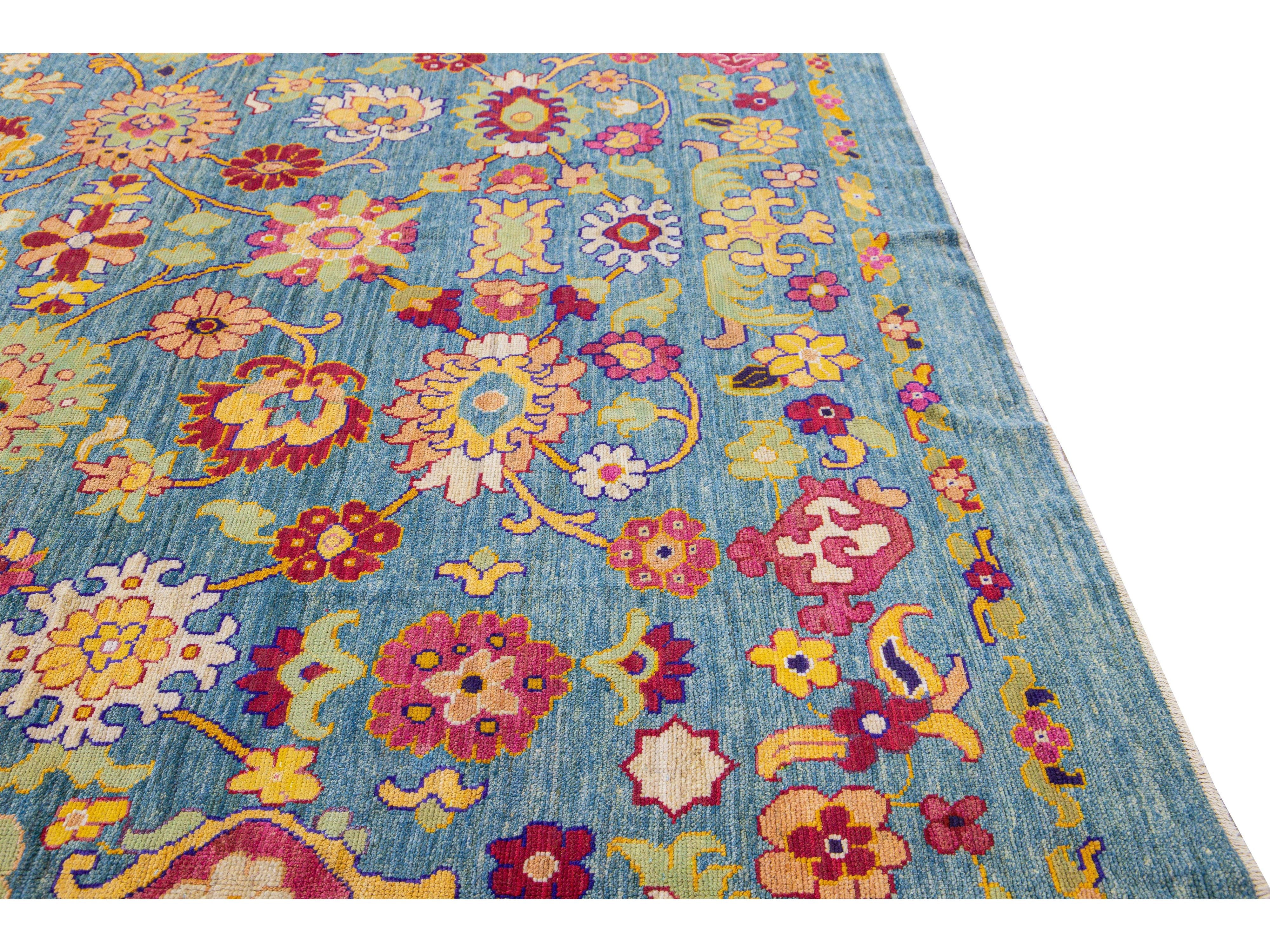 Modern Oushak Handmade Tribal Floral Oversize Blue Wool Rug