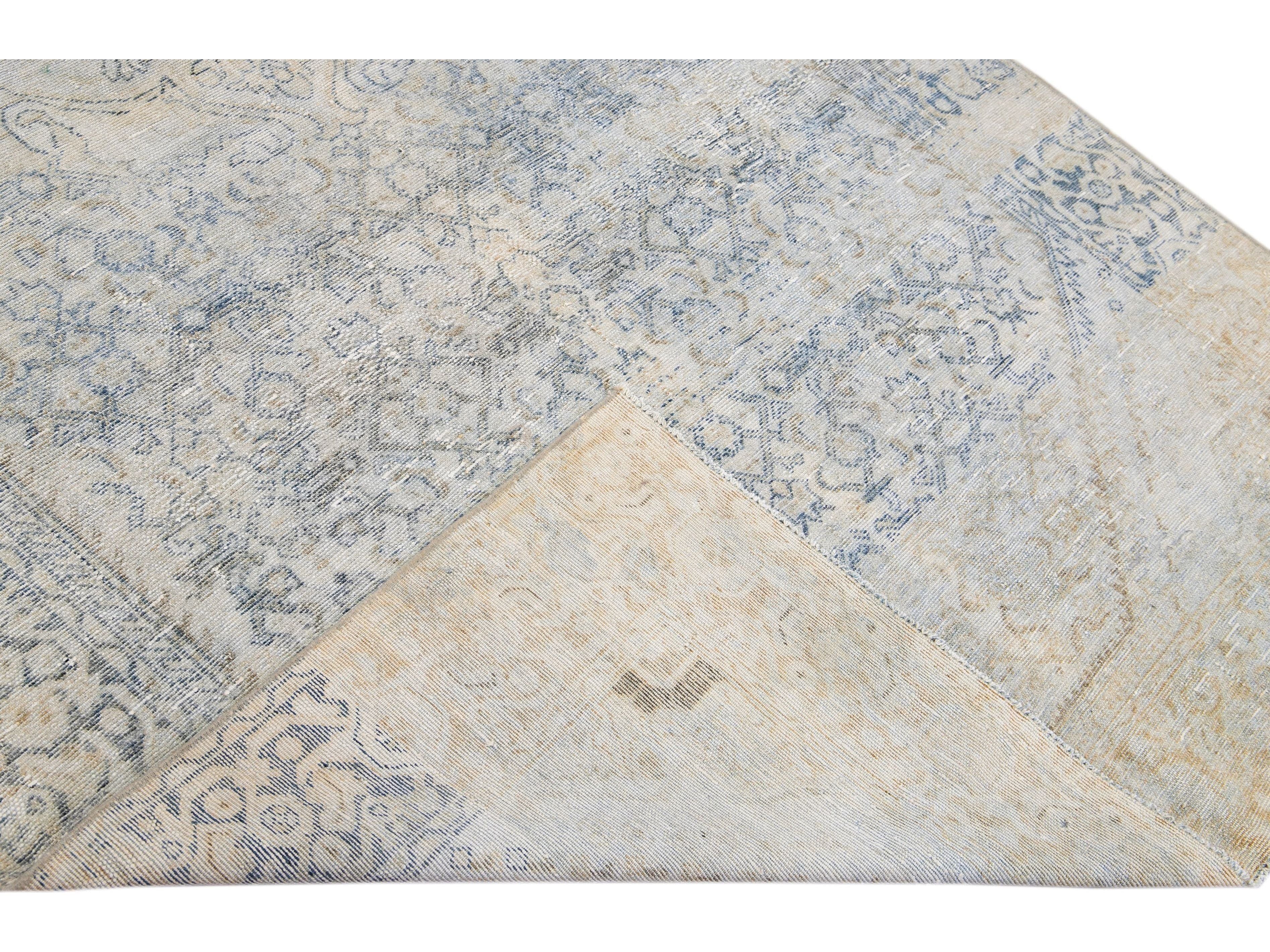 Antique Blue And Beige Mahal Handmade Medallion Floral Wool Rug