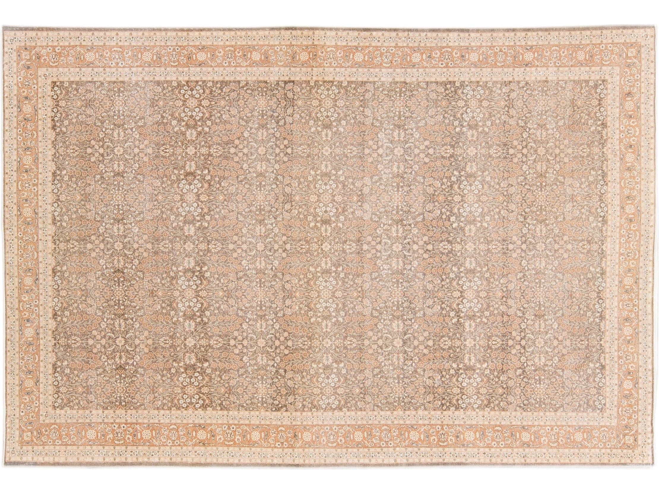Antique Sivas Handmade Brown and Peach Floral Motif Wool Rug