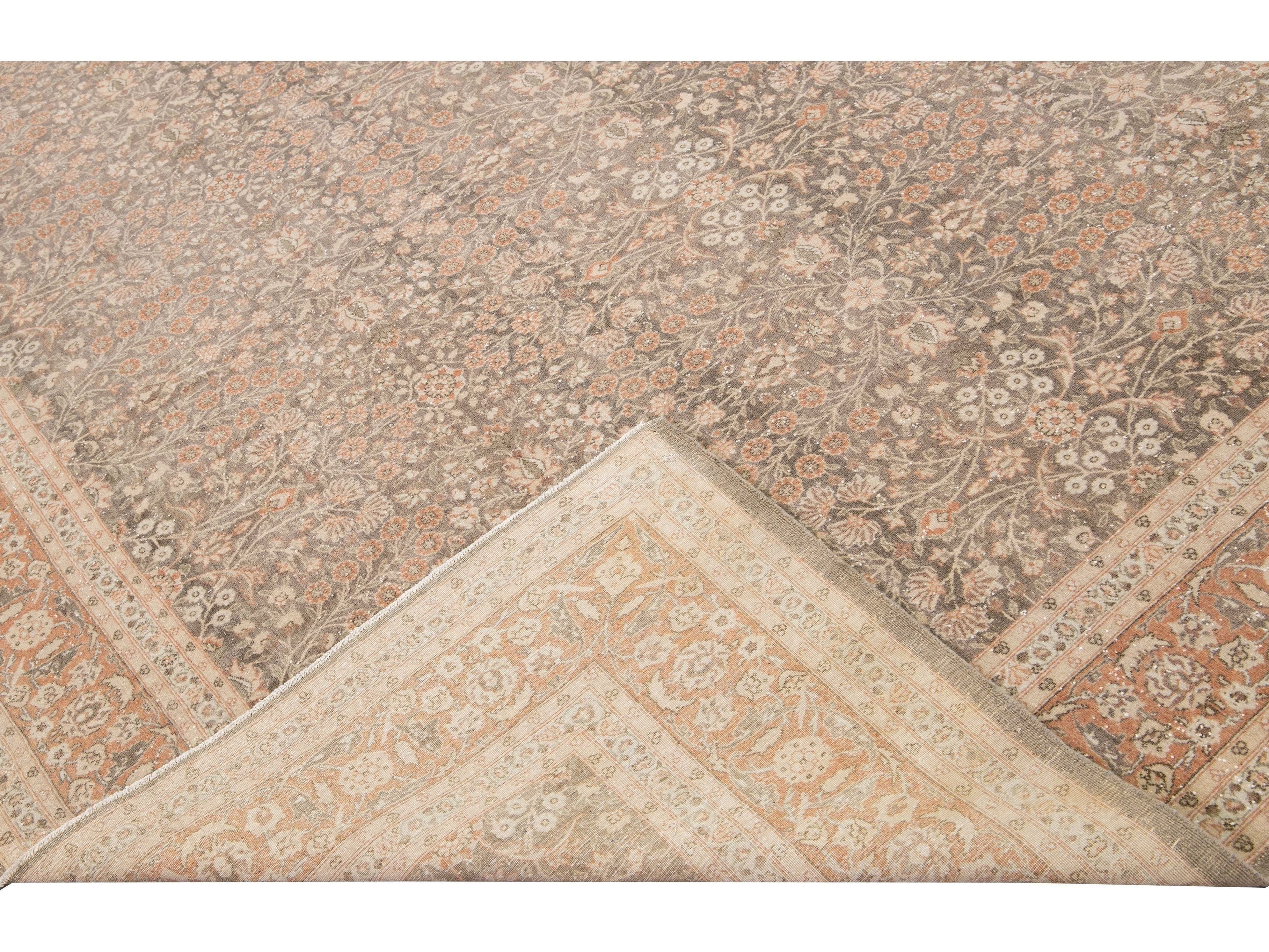 Antique Sivas Handmade Brown and Peach Floral Motif Wool Rug