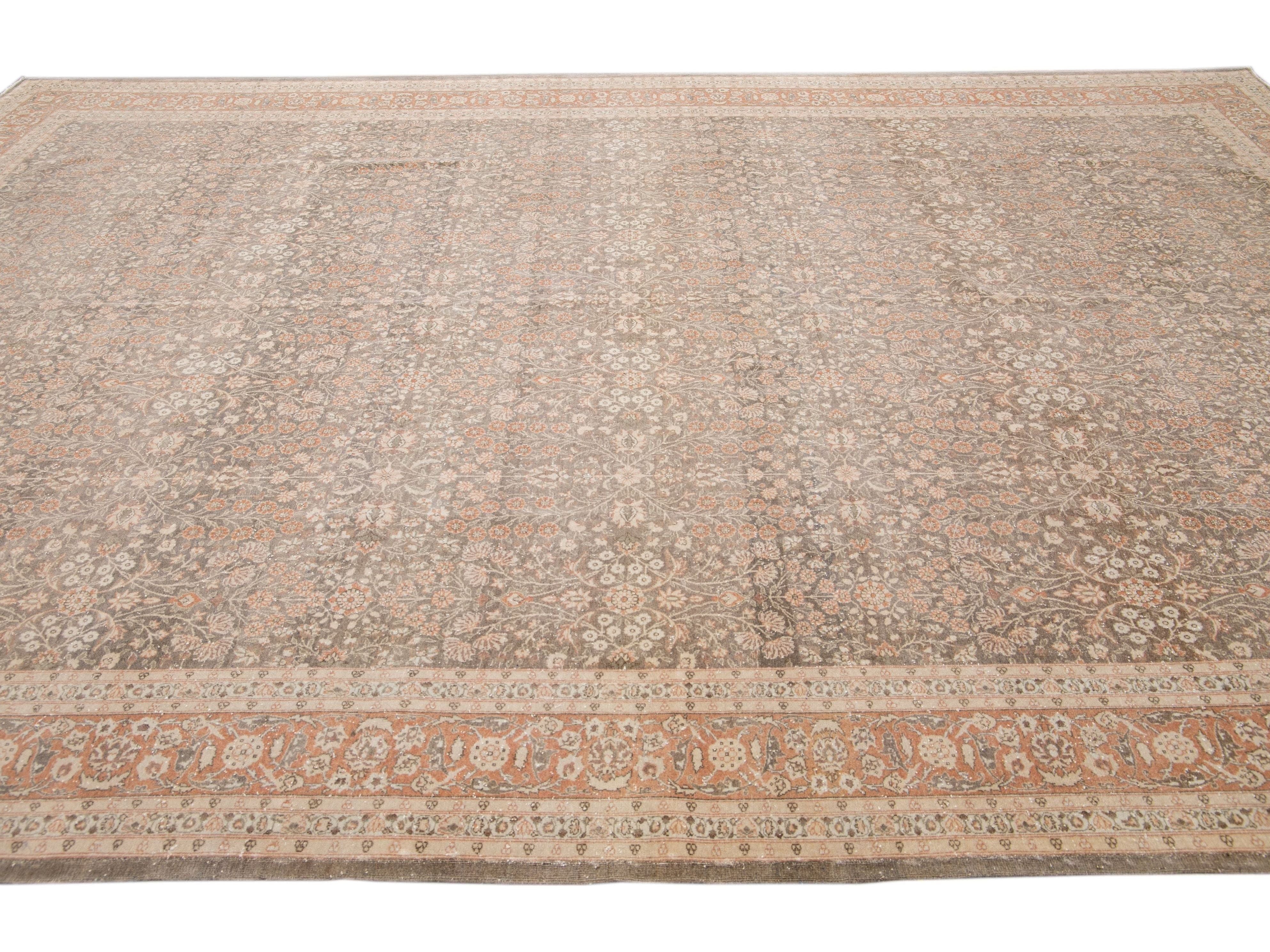 Antique Sivas Handmade Brown and Peach Floral Motif Wool Rug