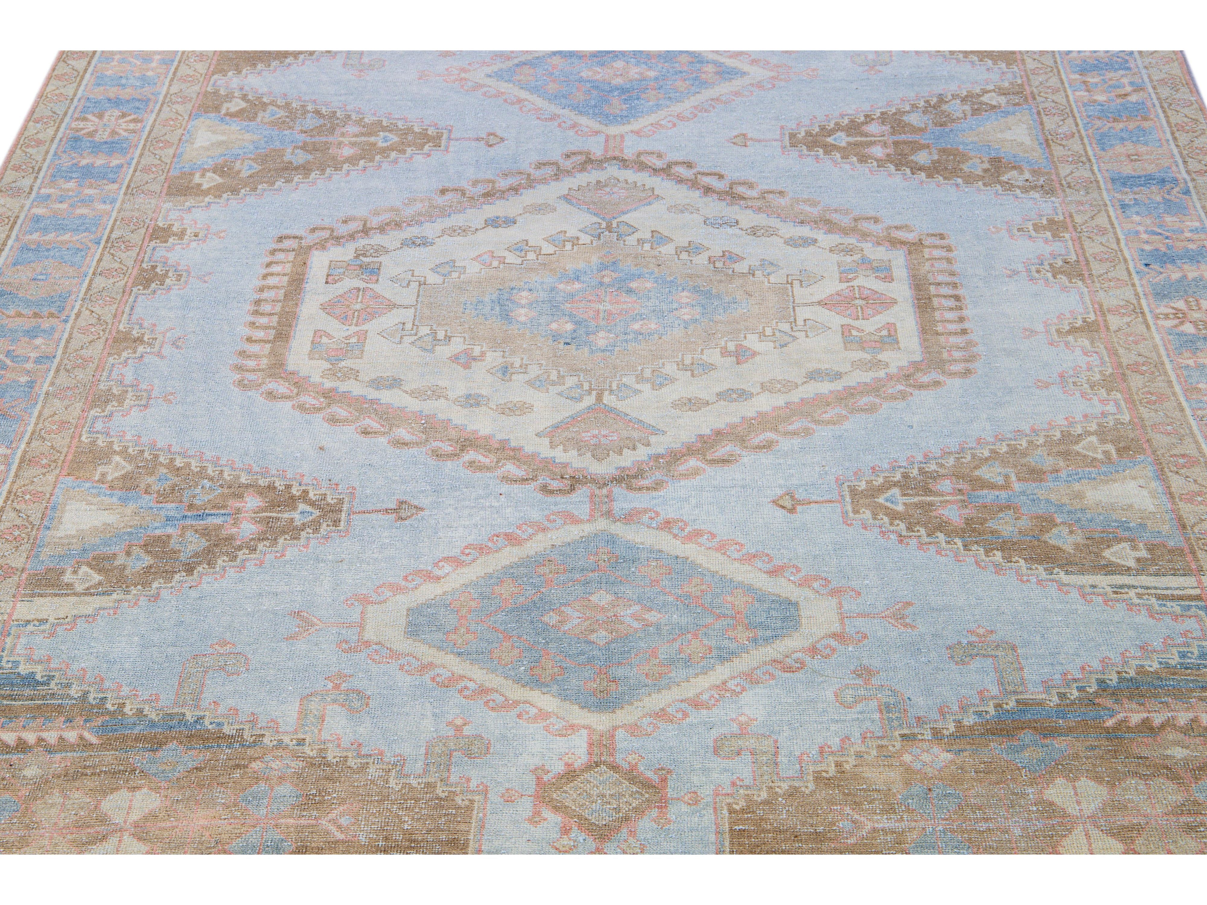 Vintage Malayer Handmade Medallion Designed Blue Wool Rug