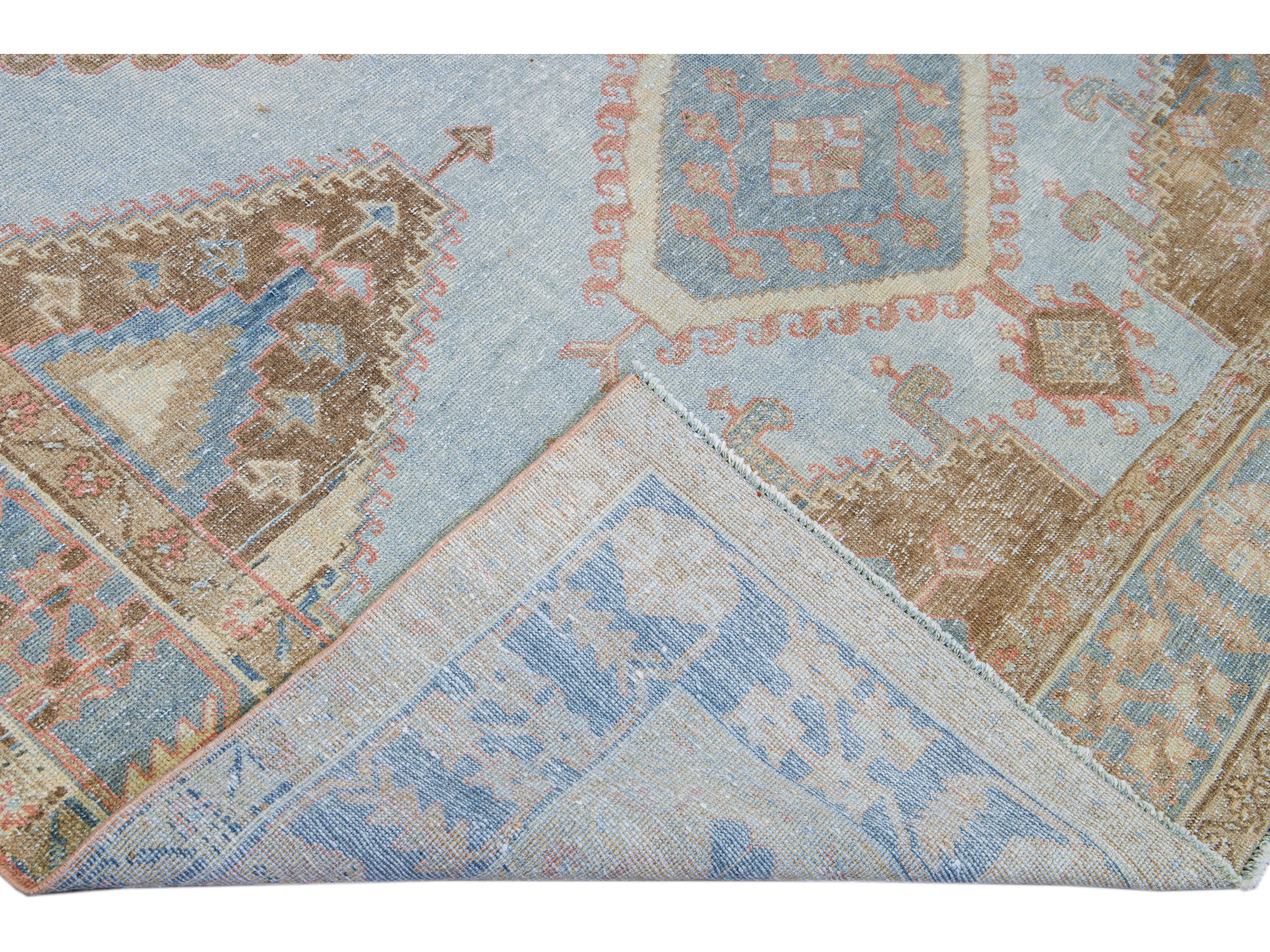 Vintage Malayer Handmade Medallion Designed Blue Wool Rug