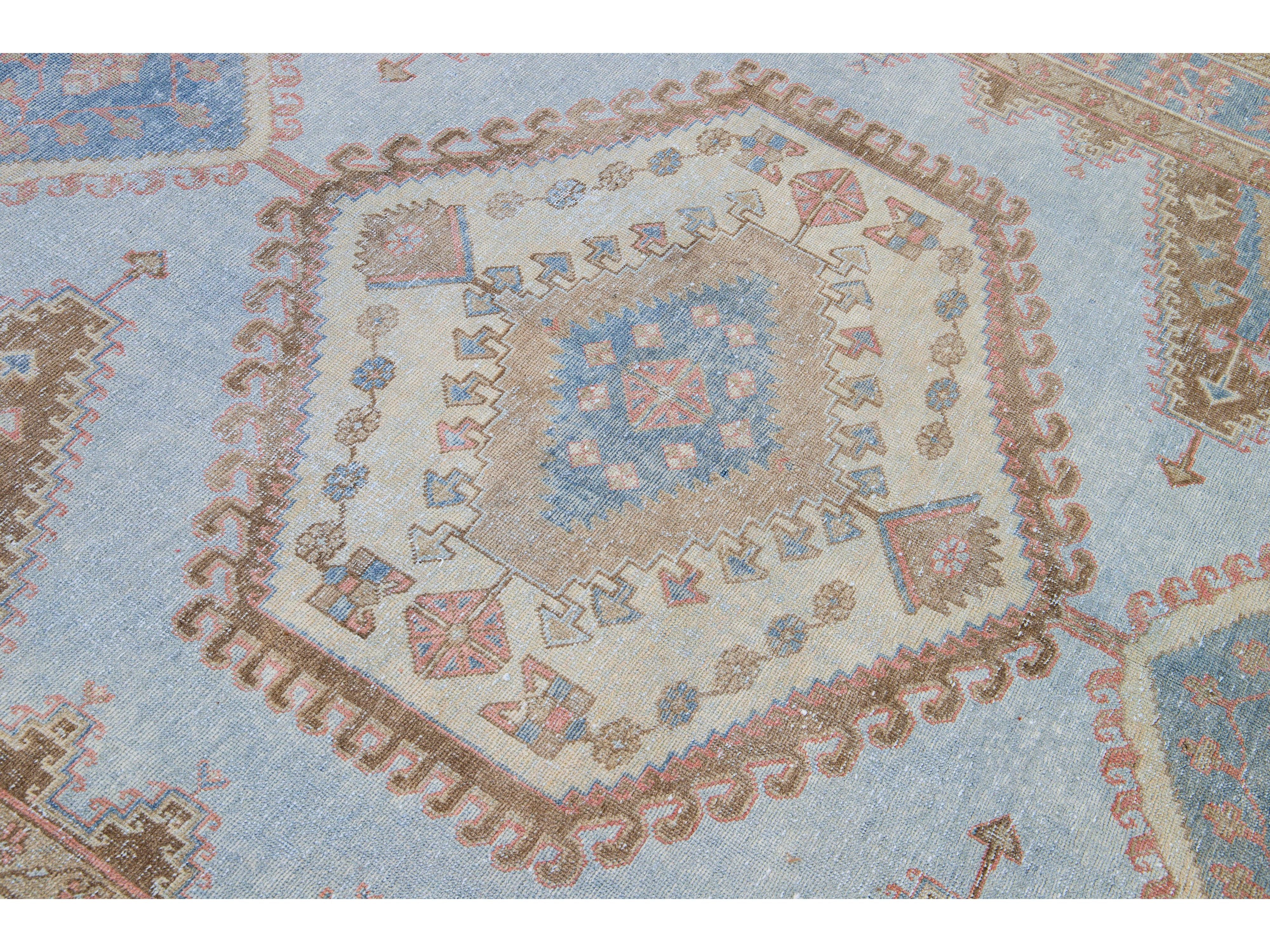 Vintage Malayer Handmade Medallion Designed Blue Wool Rug
