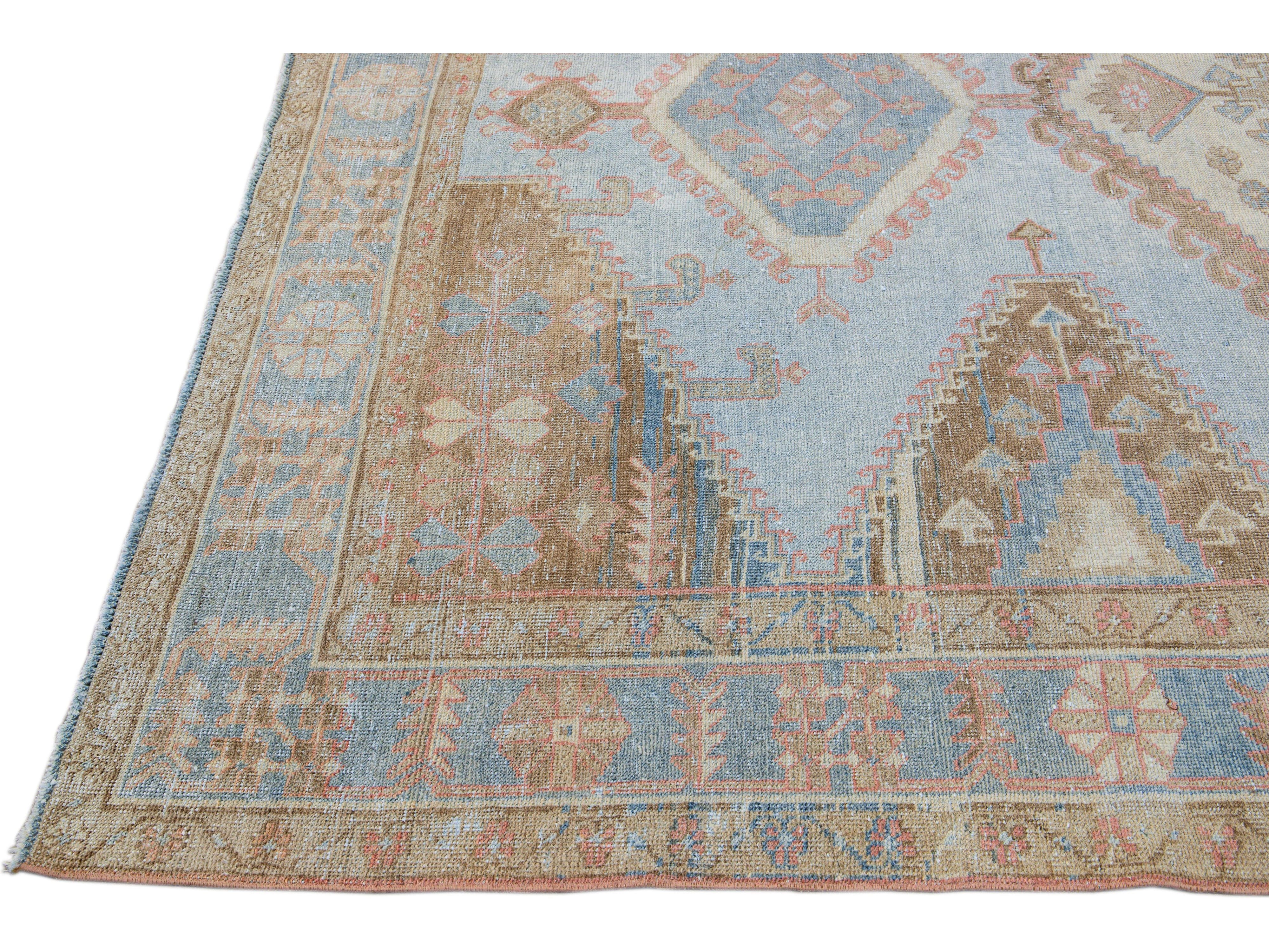 Vintage Malayer Handmade Medallion Designed Blue Wool Rug