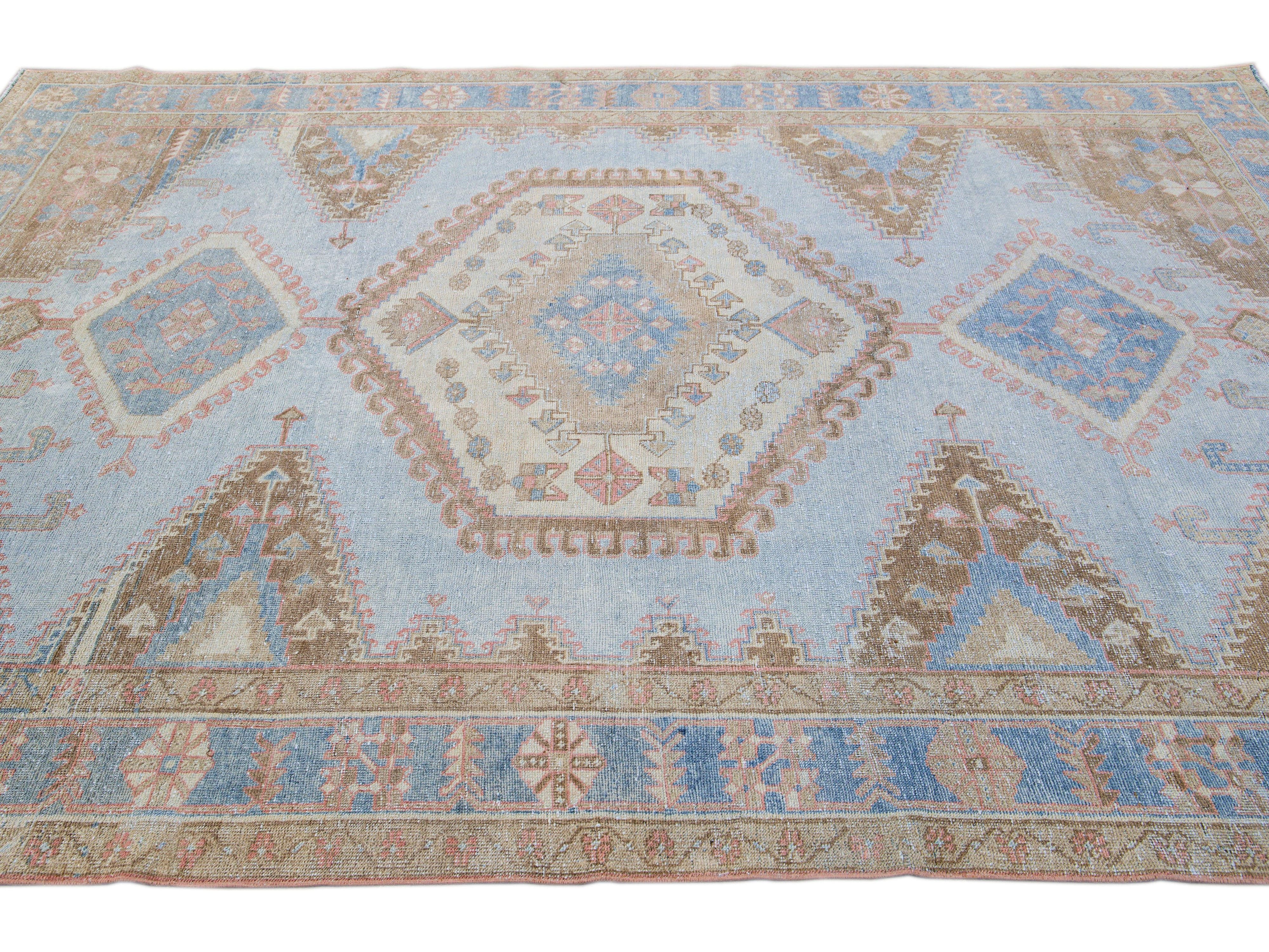 Vintage Malayer Handmade Medallion Designed Blue Wool Rug