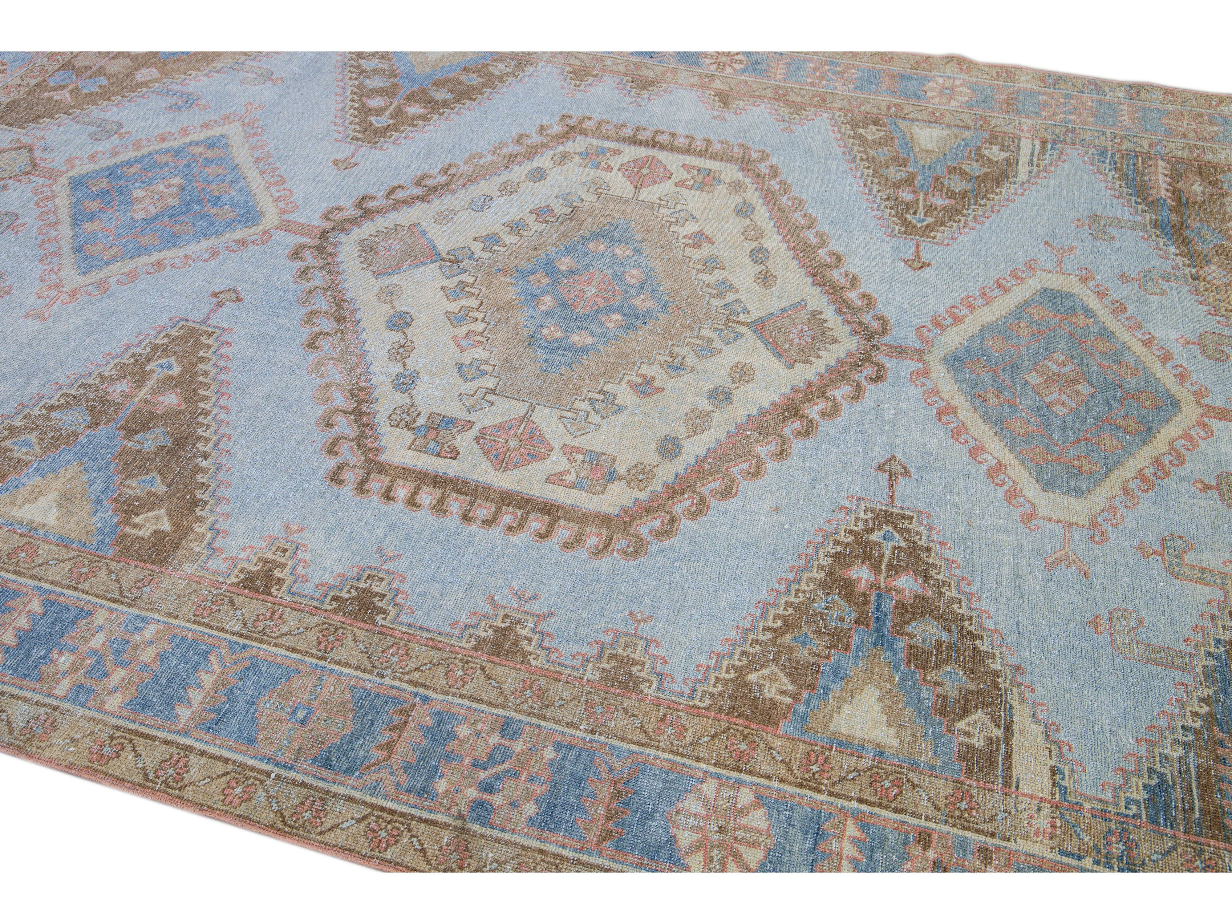 Vintage Malayer Handmade Medallion Designed Blue Wool Rug
